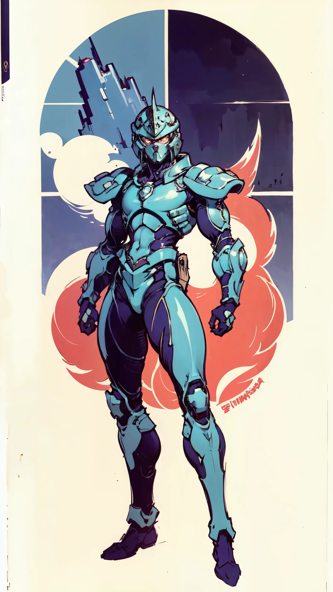 (masterpiece:1.5, best quality:1.5, extremely delicate:1.5), ((male:1.5)), a man wearing a full-face helmet, green eyes, fantasy-style high-tech biomimetic armored combat suit, (a composite layered chest armor), the design balances heavy with agility, fully enclosed shoulder guards, matching arm and leg guards, a belt of gemstone, (the color scheme is primarily White with Blue and Red accents, Organic Biotech, Concept Inspired by Ninja, glowing eyes, armor glows, stand of a futuristic sci-fi city), this character embodies a finely crafted fantasy-style armored hero in anime style, exquisite and mature art style, metallic, high definition, highres, ultra-detailed, ultra-fine painting, professional, perfect body proportions, golden ratio, anatomically correct, symmetrical face, extremely detailed eyes and face, high quality eyes, creativity, RAW photo, UHD, 32k, Natural light, cinematic lighting, masterpiece-anatomy-perfect