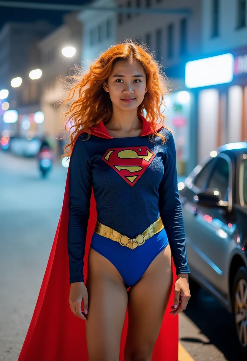  masterpiece , best quality,  Nvidia RTX ,  full makeup , very beautiful,  orange curly hair ,  hair blown by wind , Clear image, Realistic skin details,  Film Lighting,  intricate details , (( Supergirl of the future )), ((Tight dress )), ((Sexy set)), (( latex panties Blue)), (( Supergirl symbol )),  perfect face,  proportional shape , ( sharp wind :1.3), (( whole body )), standing in the middle,  Symmetrical Gesture ,  mighty glare , nighttime, Smoking, From below