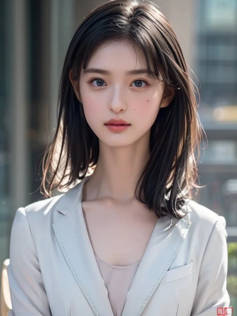 ((highest quality、Masterpiece、High resolution))、(((Zoom photo of upper body、Black Hair)))、(A shy smile:1.2)、One woman、Beautiful Skin、Beautiful Eyes、Cleavage、blazer、shirt、Trimmed bangs、Ponytail Hair