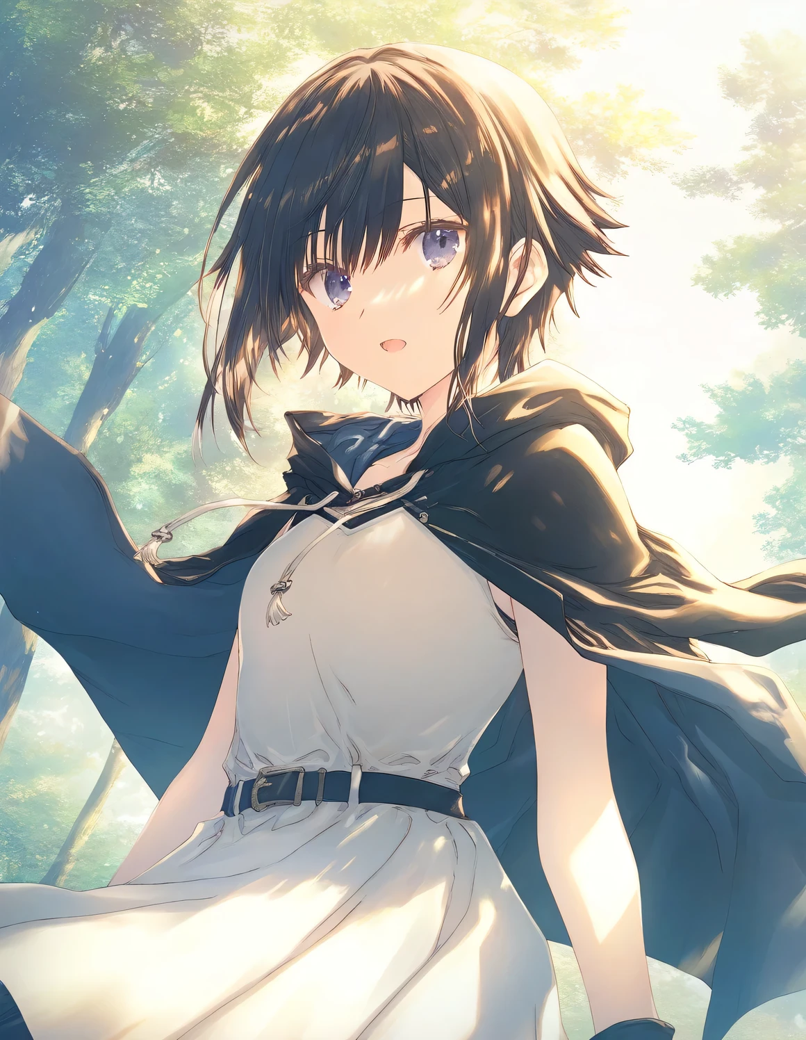 Ultra-high image quality,Look at viewers, hands behind back, girl with, 20 years old, Very short hair, long bangs between eyes, pale blue eyes, Hoodie, Skirt , White hair、A smile、Fantastical,, Black eyes, White hoodie,a black skirt,Hair is short,Condescending from above,White jacket, Casual style,Open jacket, Fluttering hair、a small face、Bright smile、(Detailed face) ,profetional lighting,fantastic landscape,Blue sky, Sunlight,look down from above,portraitures
