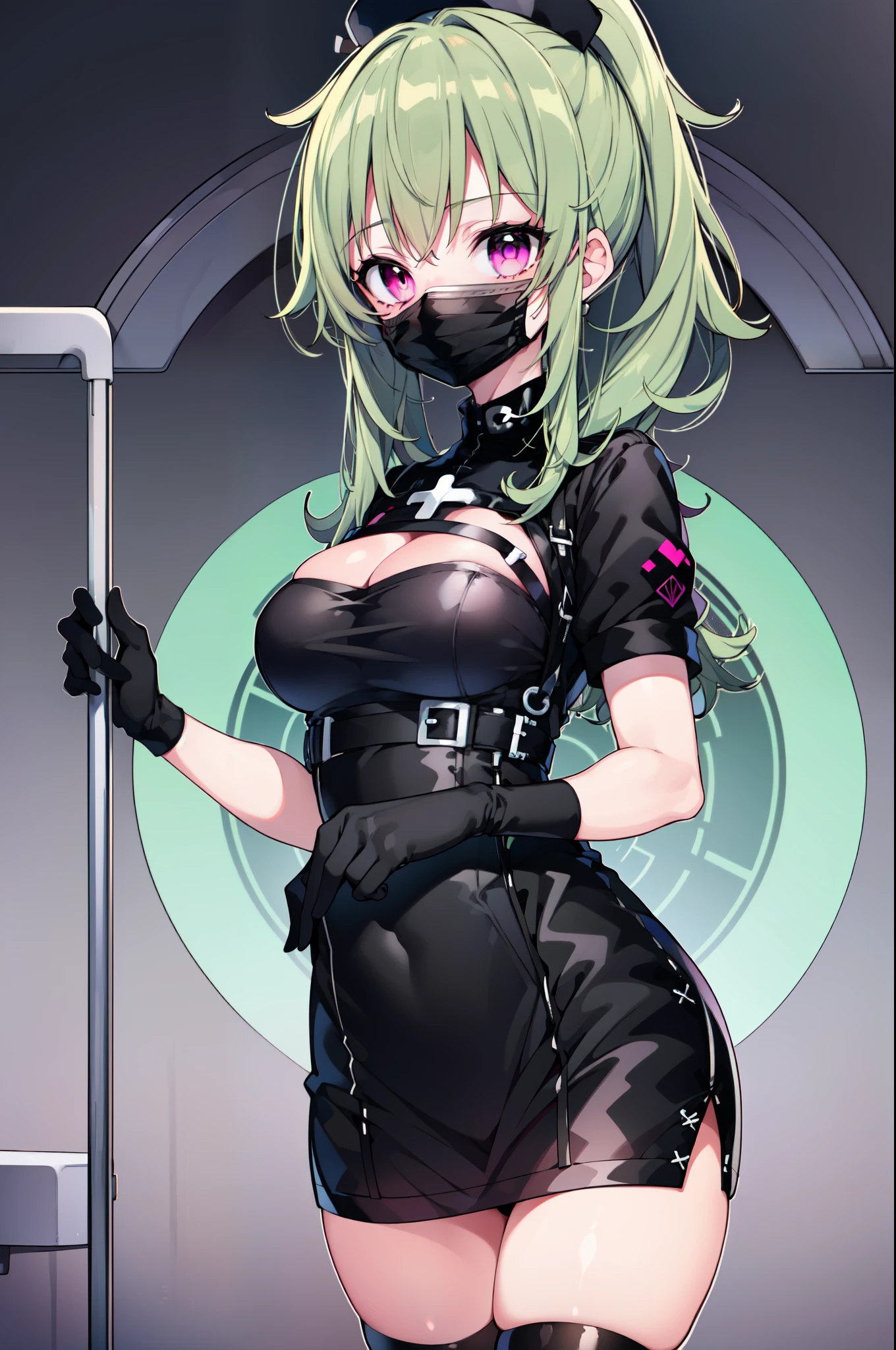 black nurse, 1girl, solo, black nurse cap, black nurse uniform, ((black legwear, zettai ryouiki)), black elbow gloves, ponytail, green hair, pink eyes, ((black surgical mask, covered nose)), standing, ((surgery room)), sharp outline, short sleeves, best quality, masterpiece