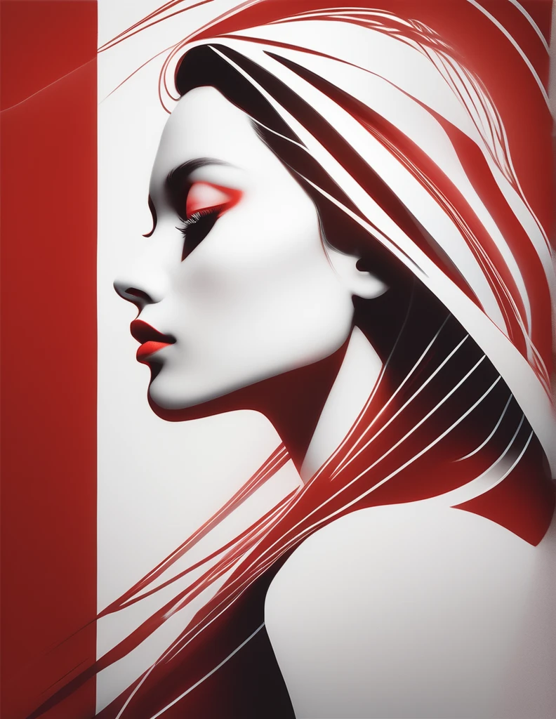 Illustrate an elegant stunning beautiful woman's face in profile using sleek white lines on a Red canvas