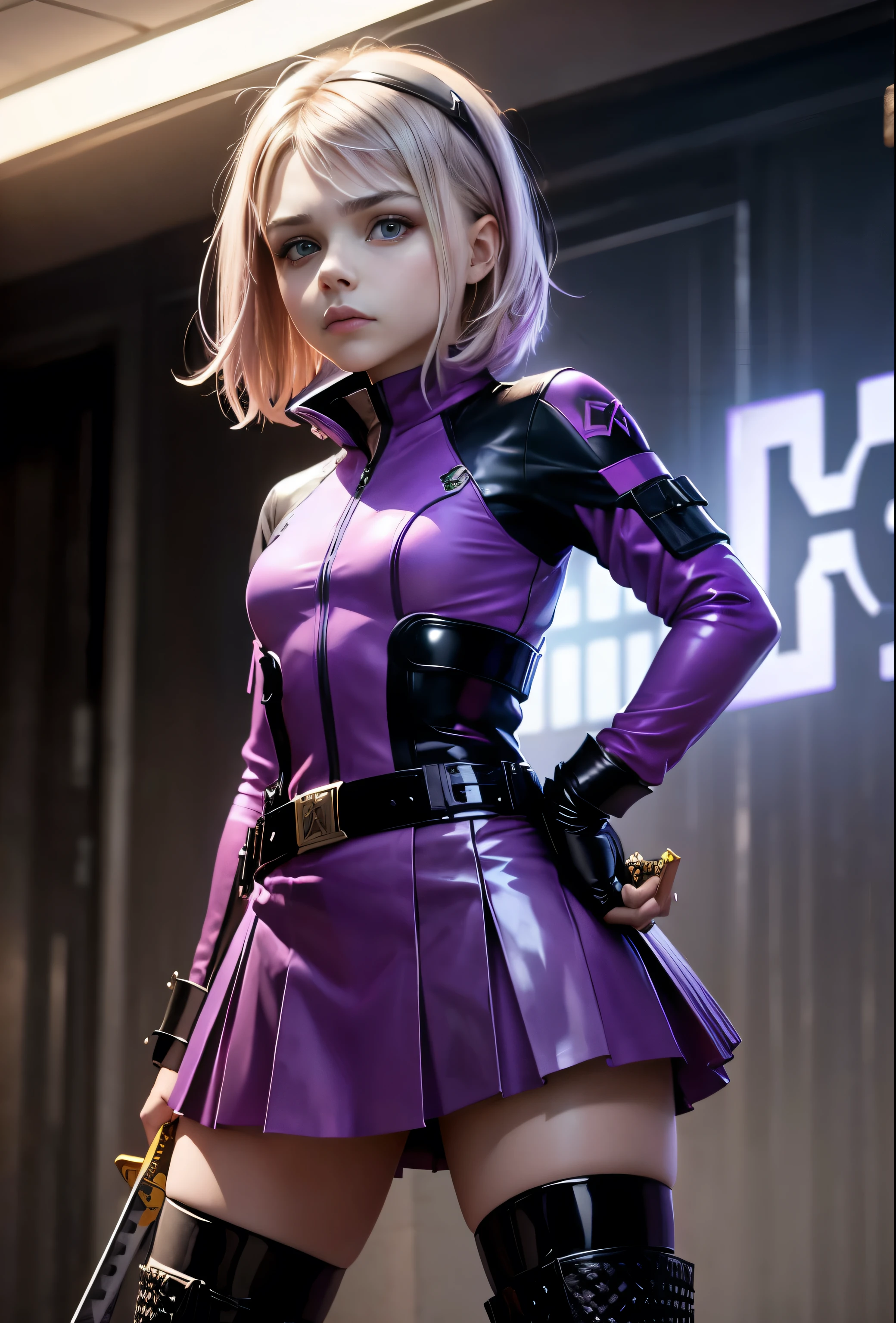  Chloe Grace Moretz in purple outfit with  heroine kevlar latex , hero stily  , Tactics , chess skirt , katana , badass  pose . Front 