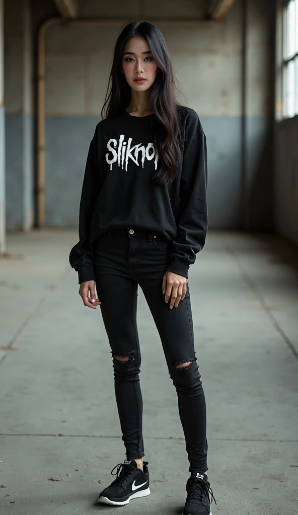 raw photo, intricate details, textured skin, dynamic pose, shot from below, 1girl, asian, pale skin, white long hair, blue eyes, freckles all over body, black oversized hoodie, small waist, (wide thigh gap:1.2), gray gradient background, best quality, 16k, masterpiece