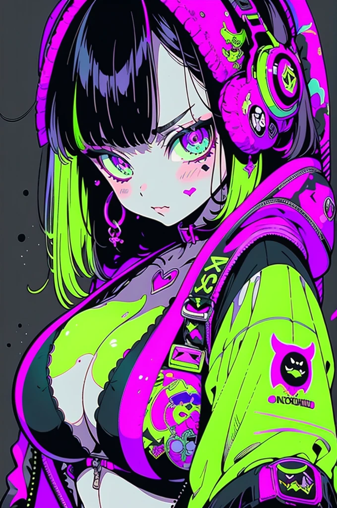 (top-quality)Demonic Anime Girls,A dark-haired,drooing eyes,The bikini,Open jacket,huge tit,Long,half up,neon green and purple color background, smirking face,