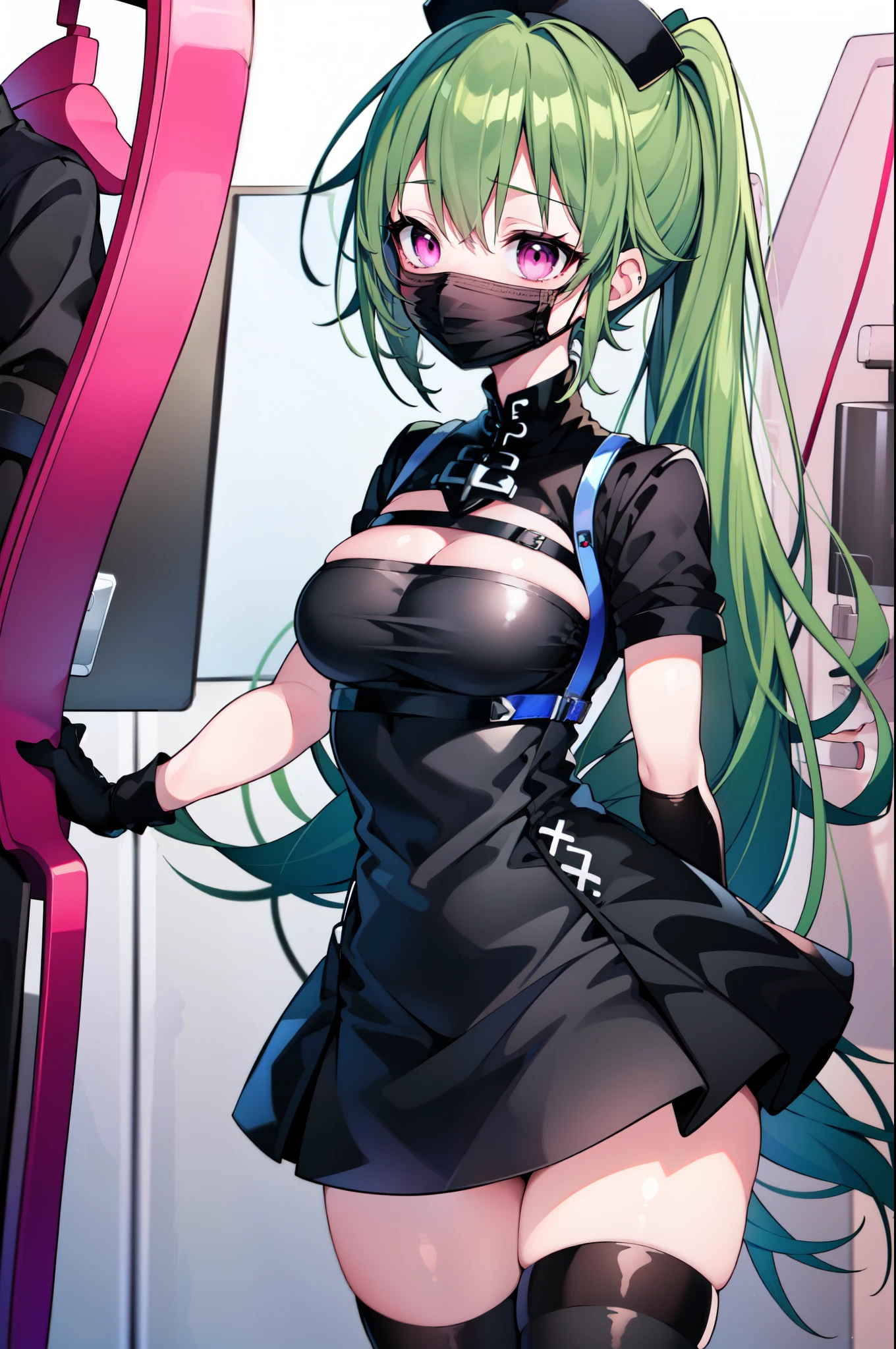 black nurse, 1girl, solo, black nurse cap, black nurse uniform, ((black legwear, zettai ryouiki)), black elbow gloves, ponytail, green hair, pink eyes, ((black surgical mask, covered nose)), standing, ((surgery room)), sharp outline, short sleeves, best quality, masterpiece