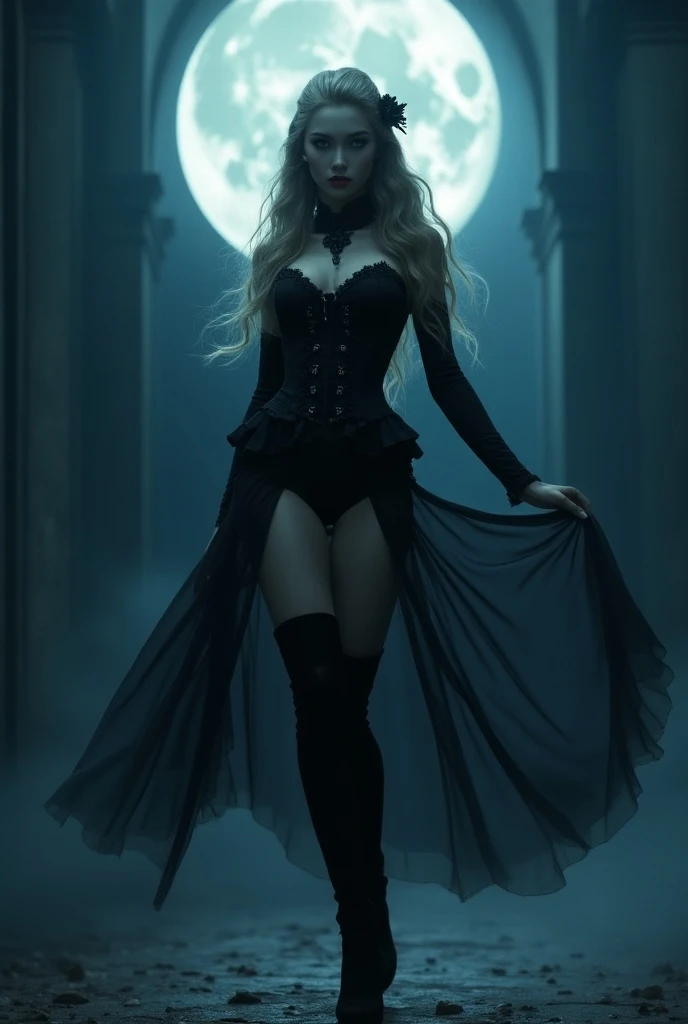 blonde with long hair mistress of the dead, full body with legs and feet back view