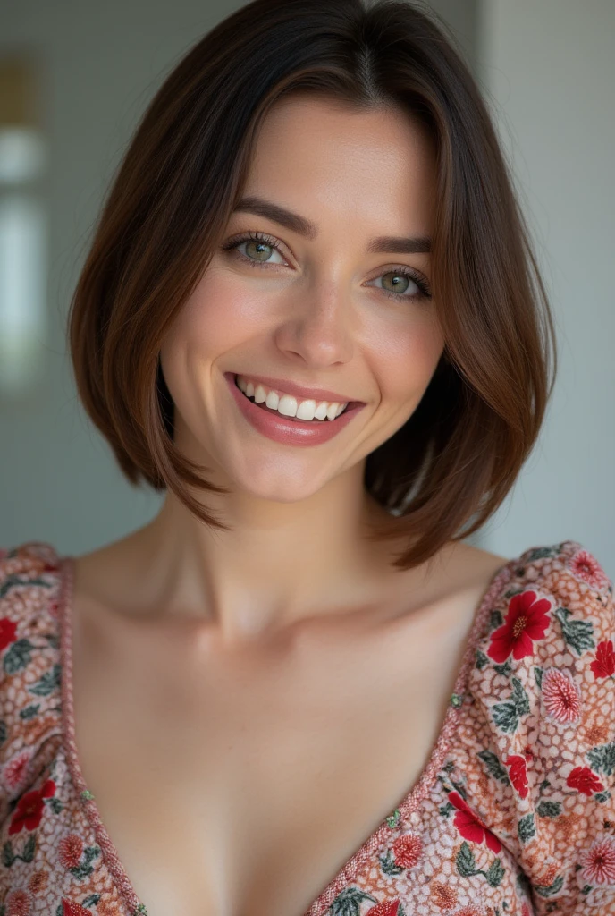 close up, ultra detailed RAW photograph, wearing floral blouse and mini skirt, ultra realistic, high definition, bobcut, european woman, smile