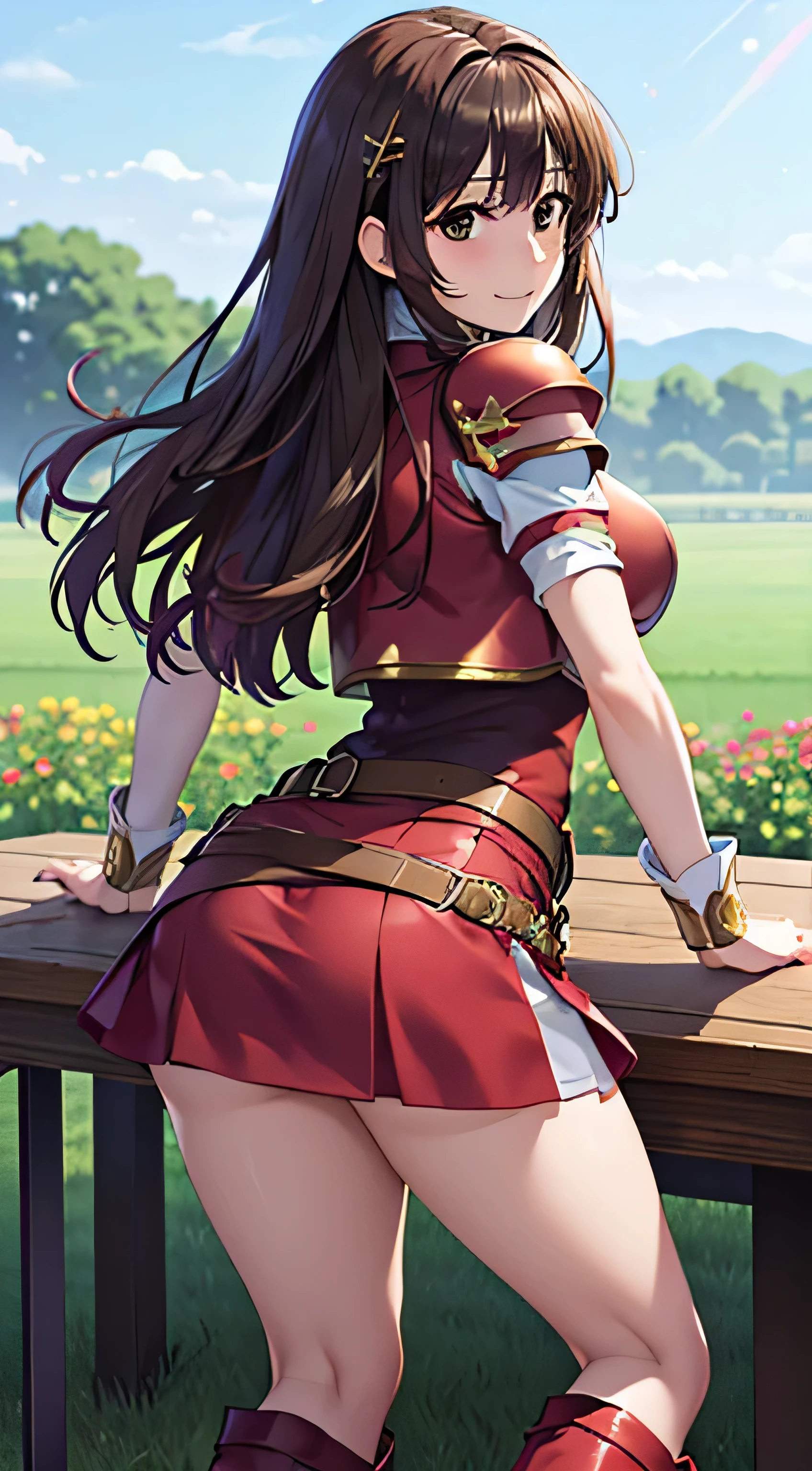 (( table top, Best Quality,  Hi-Res, ,  pixel perfect, 4K,))), 1 female, 、 (( Long Wave Hair、bangs, Brown Hair、 all over)), (( Brown Eyes ,   beautiful eyelashes , Realistic eyes)), ((  detailed face  , )), (( smooth texture:0.75, Realistic texture:0.65, Realistic:1.1,  anime CG style)),  medium bust ,  Dynamic Angle,  perfect body , (( , ,Field view, Gold Shoulder Armor ,, Gold Breastplate, , red dress  ,Red Flare Skirt  ,  knee-high boots,Arm guard , belt)), golden hair ornament 、 cross necklace 、 Sexy Poses、 Very Embarrassing Panic Smile, 、look back、 style and the skirt flips up、 pink lace panties、、、、、)、 holding a spear 