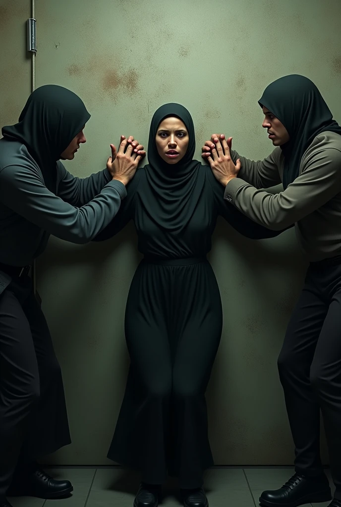 realistic style, photo, photorealistic, high detail, (sharp), (photorealism:1.2), (photo:1.2) of a Syrian 53yo woman, hijab, sad eyes, kneeling helpless, pleading face, dark skin, Hand POV, Hands tied, Raise your hands above your head, restraint, Handcuffs, Being pulled by another person, torn dress, smoke, Lifted by others, grab, pull, pull torn bra, Buttonless crotchless shorts, Umbilical cord tickled with fingers, Raise your hand, helpless, whole body, Umbilical cord, in cellar, nun, night, Being raped, people around. [the point of view is between her hands:2], [the point of view is between her hands:1.7], extremely detailed faces and bodies, hyper realistic, natural lighting, vivid colors, photorealistic, masterpiece, 8k. [Entire scene is surrounded by mist, evoking a mysterious and eerie atmosphere, natural reflections].