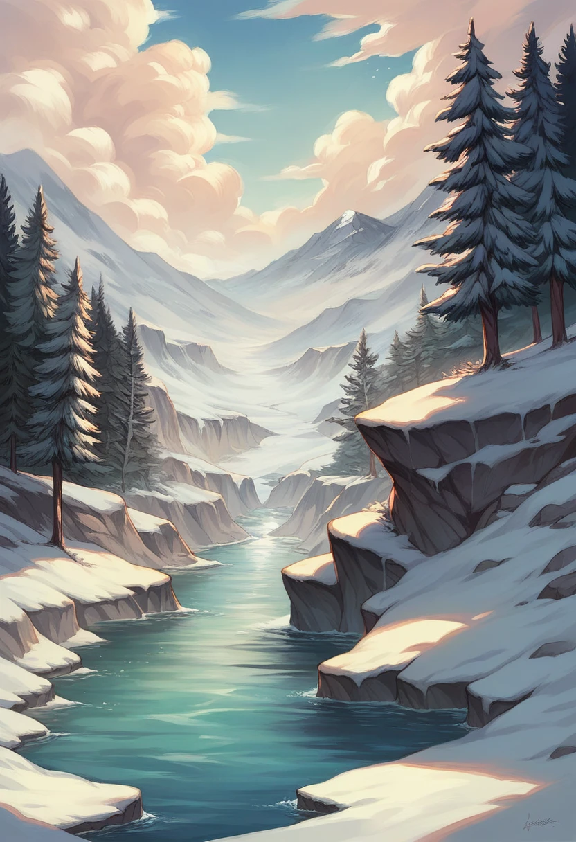 painting of a snowy landscape with trees and rocks in the water, beautiful digital painting