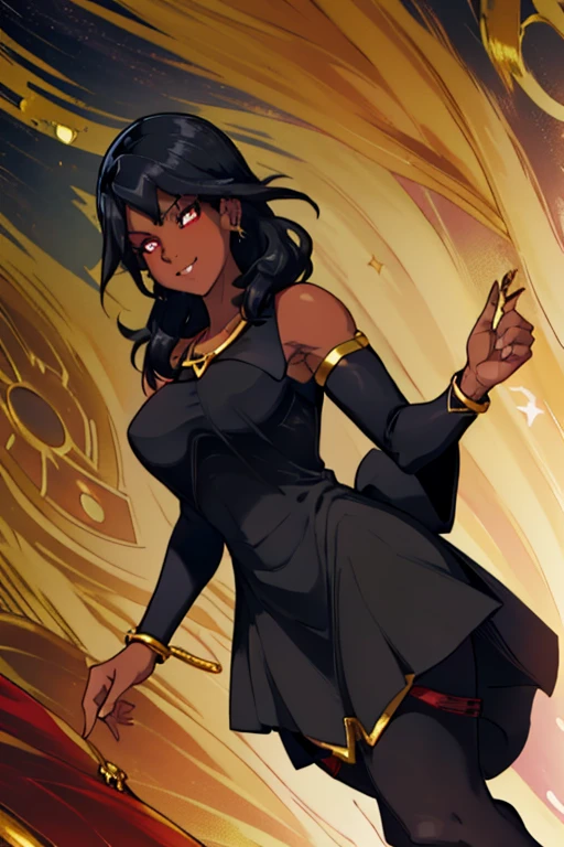 female, black long hair, red eyes, dark skin, (((1girl))), (((black sleeveless dress with gold trim))), (black detached sleeves), (gold necklace with ruby pendant), (gold Greek style heels), cute and sexy, full body, big breasts, long legs, smiling