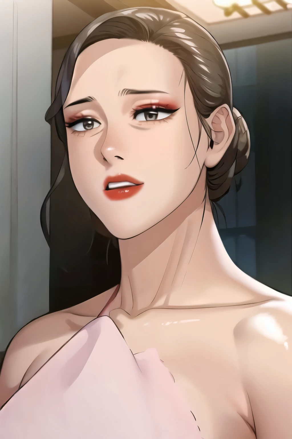 mrs_ahn, 1girl, red lips, lipstick, single hair bun,having sex with a old man