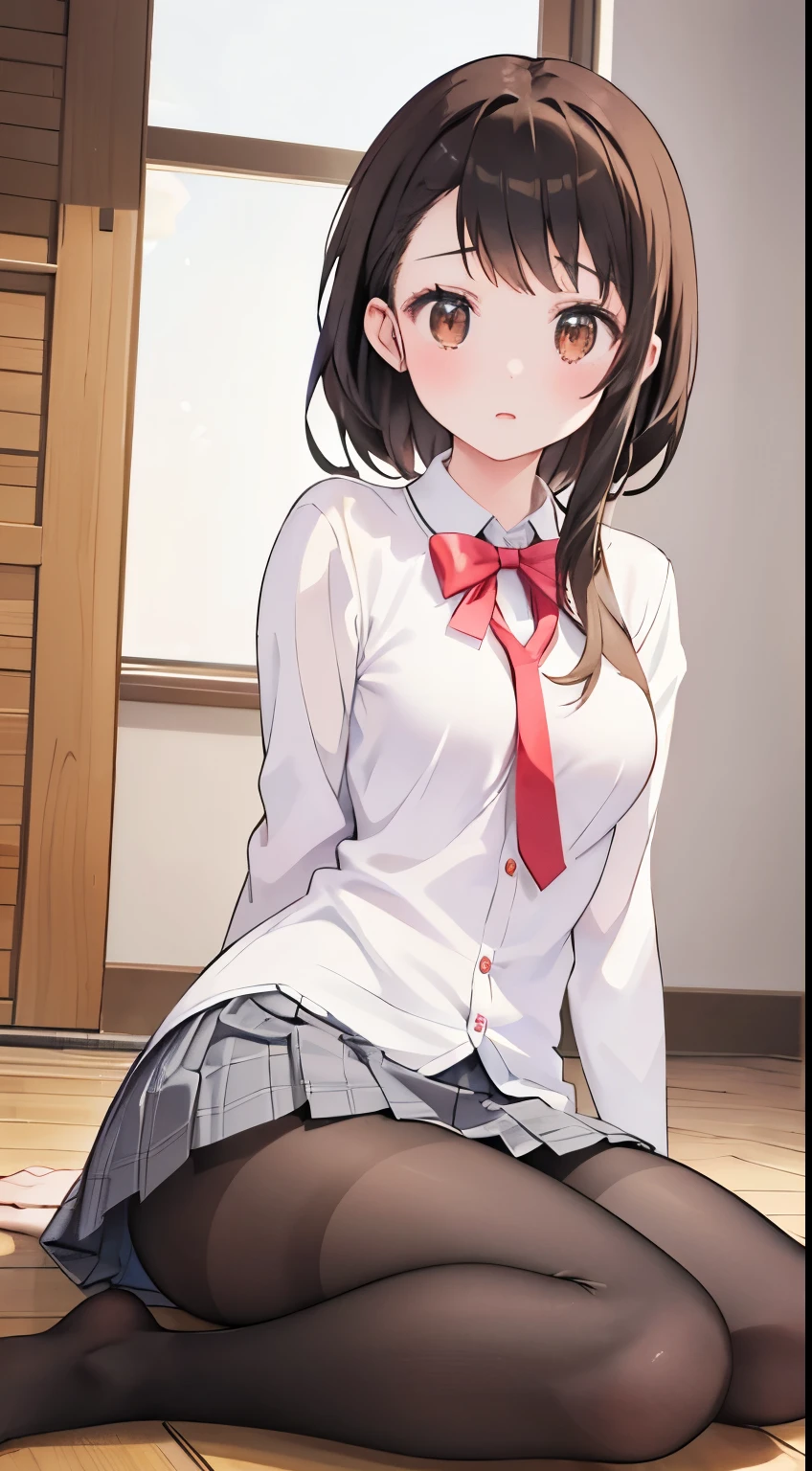 finest, masterpiece, High resolution, (Full body view from head to toe), Composition from slightly below the front, Symmetrical, 18 years old, slim and beautiful girl, alone, (small breasts), (not wearing shoes),Unkempt brown hair, bangs, (black tights), (black pantyhose), tied up with both arms hidden behind the back, , blush, shy big eyes, looking at camera, blazer uniform, plaid pleated skirt、Panties around ankles、Black knee-high socks、Spread your legs、Exposing the breasts、Bare your breasts、Panties around ankles、pussy big dildo