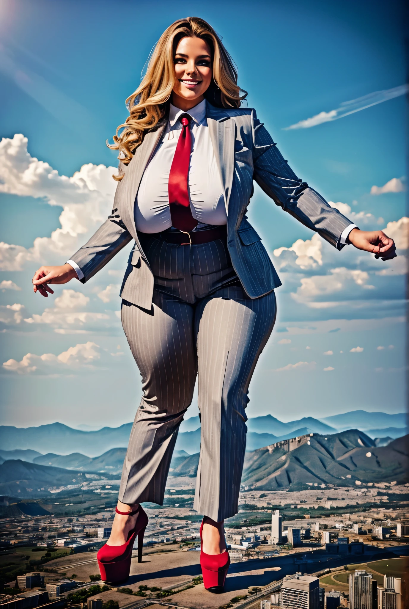 10 miles tall curvy bbw woman with a beautiful smile, bigger than a giant city, curvaceous figure, massive beast, and long wavy bright brown hair with blonde highlights, with a curvaceous figure and massive breasts. wearing the finest light grey pinstripe trouser suit and blazer, white colege shirt and large thick knotted red tie, and rounded platform high heels with uncovered feet, standing on top of a city facing the forwards in a rampage-like pose, with a cityscape background of mega-city, urban sprawl, and small towns, giant montains, partially obscured by a hazy, cloudy atmosphere. The image is a high-resolution, masterpiece-quality, cinematic, ultra-detailed, and hyper-photorealistic photograph, with perfect hands, face, and lighting. ultra-detailed, 8K, photo-realistic, hyper-realistic, masterpiece, intricate details, full body view. Looking at camera, The image is a high-resolution, masterpiece-quality, cinematic, ultra-detailed, and hyper-photorealistic photograph, with perfect hands, face, and lighting. ultra-detailed, 8K, photo-realistic, hyper-realistic, masterpiece, intricate details, full body view