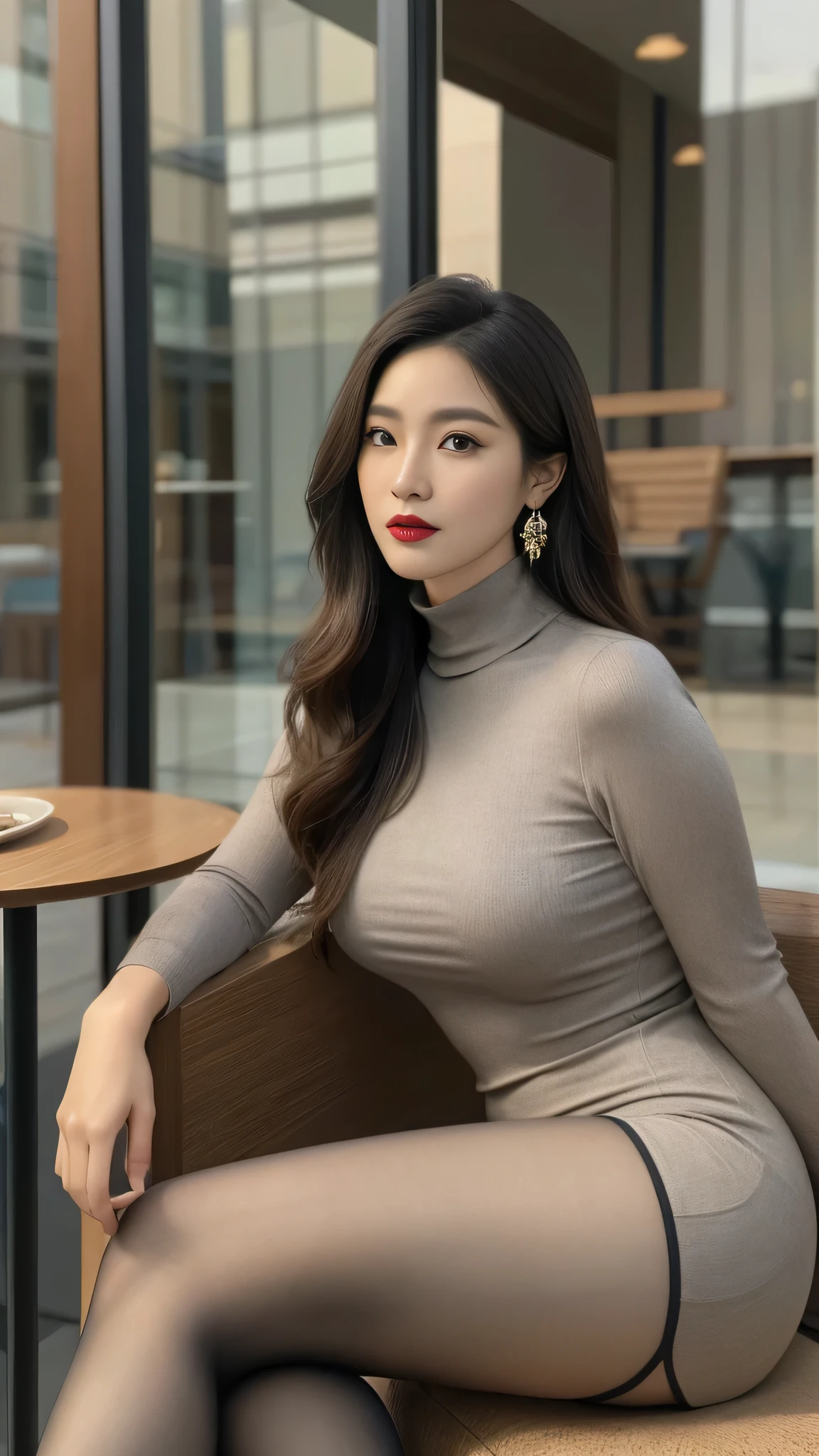 Chinese Mature Women , full-body photo ， Park Background, Light brown dress (No cleavage), thigh, cosmetic, (Lipstick: 1.1), (Eyeliner: 1.2), Mascara, Eyeshadow, Outdoor Activities, earrings, necklace, random color reflective leggings , Wrinkles around the corners of the eyes, Mouth lines, Turtleneck, full-body photo 片, 35 years old, big eyes, Elegant temperament, (masterpiece: 1.2, best quality), actual, (Reality, 45 years old, Intricate details , Depth of Field, Turtleneck clothes), careful, Very detailed content, this is a perfect face , perfect figure , Large Model, Mature Women , 8K, best quality, masterpiece, Ultra High Resolution , (actual的: 1.4), original photo, [[[Stay focused, rich details, dramatic, delicate beauty, Long curly hair, dynamic angle , (Red lips), Beautiful graphics , High heel