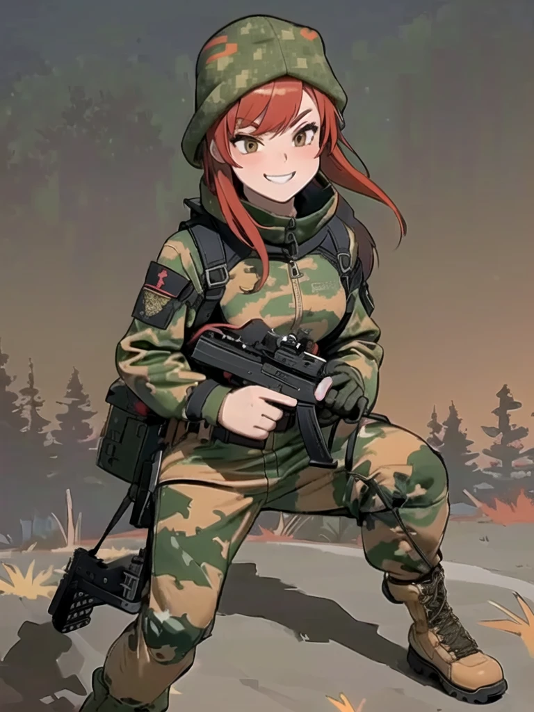 girl with smile and red hair, with a camouflage jacket, camouflage balaclava, tactical gloves, camouflage pants and army boots. hides his face under a camouflage balaclava,with a camouflage jacket, camouflage balaclava, tactical backpack, tactical gloves, camouflage pants and army boots, night, autumn forest, hill,hiking in the forest