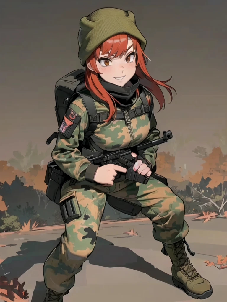 girl with smile and red hair, with a camouflage jacket, camouflage balaclava, tactical gloves, camouflage pants and army boots. hides his face under a camouflage balaclava,with a camouflage jacket, camouflage balaclava, tactical backpack, tactical gloves, camouflage pants and army boots, night, autumn forest, hill,hiking in the forest