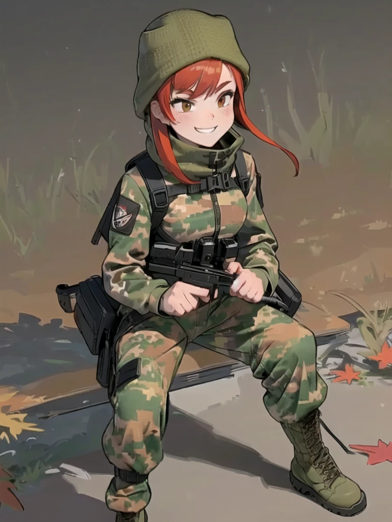 girl with smile and red hair, with a camouflage jacket, camouflage balaclava, tactical gloves, camouflage pants and army boots. hides his face under a camouflage balaclava,with a camouflage jacket, camouflage balaclava, tactical backpack, tactical gloves, camouflage pants and army boots, night, autumn forest, hill,hiking in the forest