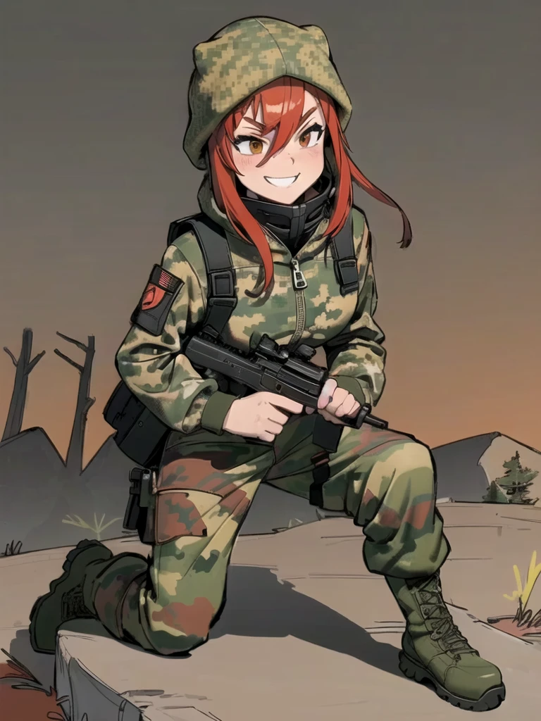 girl with smile and red hair, with a camouflage jacket, camouflage balaclava, tactical gloves, camouflage pants and army boots. hides his face under a camouflage balaclava,with a camouflage jacket, camouflage balaclava, tactical backpack, tactical gloves, camouflage pants and army boots, night, autumn forest, hill,hiking in the forest