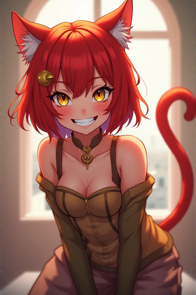 A cat girl (red hair and yellow eyes) with a mischievous personality, posing in the middle with a big cet grin