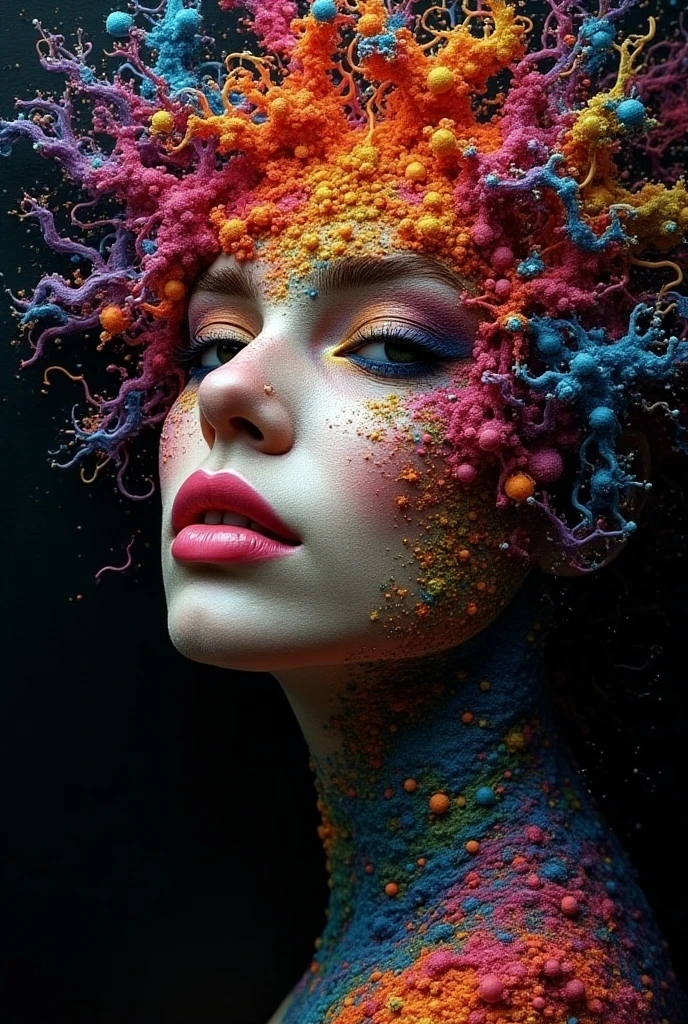 An awe-inspiring, surreal structured mixed media textile art piece, featuring an embroidered beautiful supermodel, created by artists Luzia Caldari, Carne Griffiths, and Vanessa Barragao. Set against a black background, this close-up showcases stitching in bright colors with a 3D-effect, resembling a 3D vector painting. The sharp focus enhances the beauty and high detail of this concept art. It's a stunning, molecular textured piece that exudes breathtaking beauty and pure perfection. The divine presence within is unforgettable and impressive, with volumetric light and rays casting vivid color reflections. Centered and symmetrical, the intricate painted details and volumetric lighting contribute to a beautiful, rich deep-colored masterpiece. This sharp, ultra-detailed work is reminiscent of the styles of Dan Mumford and Marc Simonetti, with an astrophotography influence. Created by Sasan.