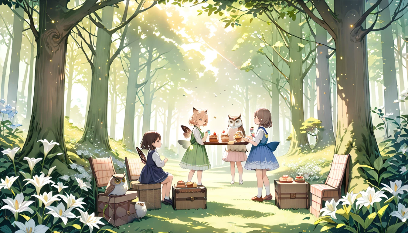   masterpiece,Best Quality,Colored Pencils and Watercolor   , fantasy painting like a picture book    ,juvenile_Personification of the owl,フクロウの部族のjuvenileが微笑んでいます  ,  wearing shorts,Peaceful, Sunny Forest  , afternoon tea time  , Arrange cute cakes    , and lily flowers are blooming around   ,tree々 The sunlight shines beautifully , The owls around are cute, round, and plump,
cuteイラスト: 絵本に出てくるような,  anatomically accurate , create an artistic forest background like it appears in a picture book , Add a drop pattern to the background , colorful , Like a fairy tale,This is a cute illustration like a dream.,tree漏れ日をぼかして芸術的な見た目にする., intricate detail ,Wide range of colors, Artwork ,rendering,(masterpiece:1.3),(Best Quality:1.4),( very detailedな:1.5), Hi-Res, very detailed, Unity 8K Wallpaper,Structurally correct,cute,