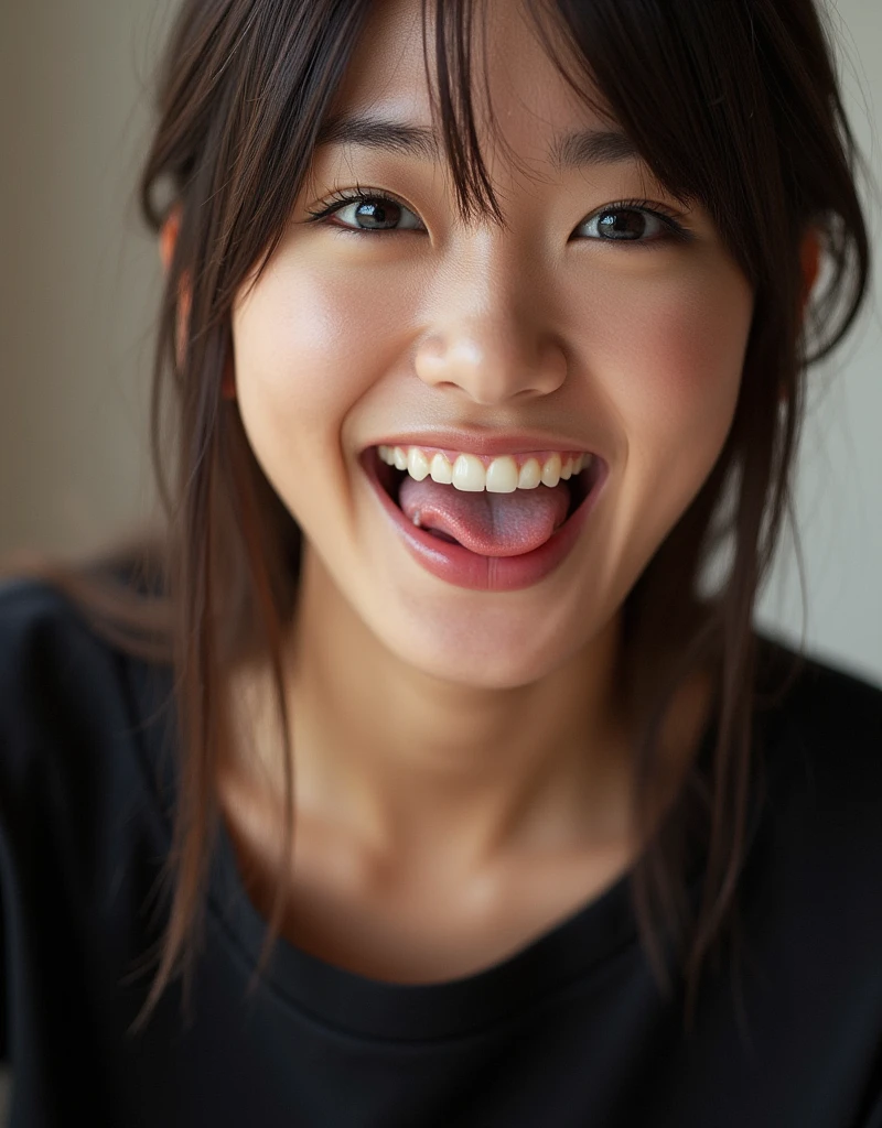 A masterpiece shot with a high-quality 35mm camera. (Super close-up of face shot from directly above: 1.7). Wearing a black T-shirt, looking straight up, ((Kole: 0.5)), ((Kajal: 0.5)), 20-year-old Asian girl, (mouth wide open and tongue sticking out: 1.7), (drawing face to fill the screen, nose in the center of the screen: 1.7), ahegao, nostrils, shining eyes, sparkling white teeth, blurred cleavage,