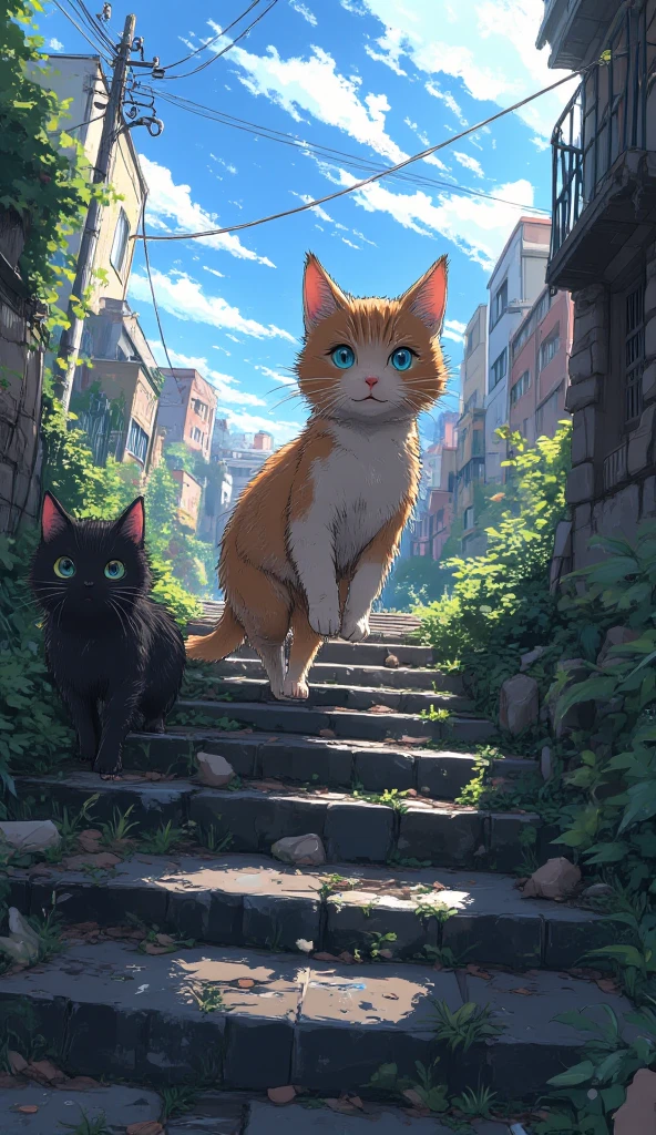 anime style, panoramic view, 2 cats, A black and brown-white catson stone steps, hunter, street cat, dirty and neglected, walking calmy on stone steps, in an old city, midjourneyv6.1