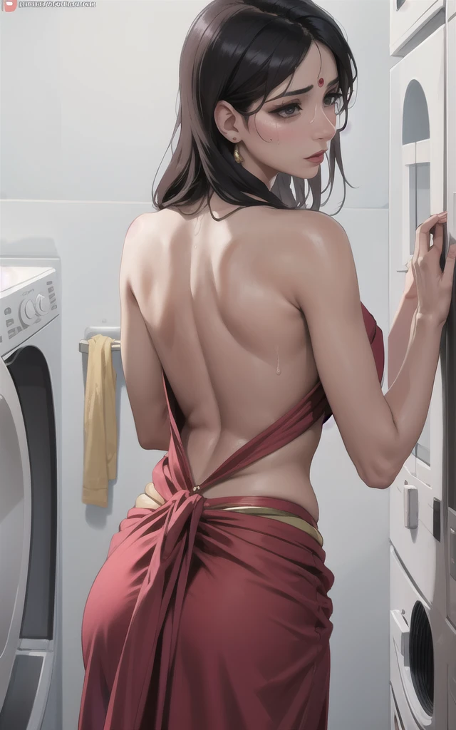 hot indian young stepmom in tradional indians saree washing clothes and sweating with Beautiful face, Perfect face, Highly detailed beautiful face and eyes, Attractive face, Detailed face, Delicate facial features, Detailed skin, female, Milf, Motherly, Embarrassed, shy, seductive , harassed , half naked, forced with sexy curves and having a damn back with a ass she is showing while picking up the soap
