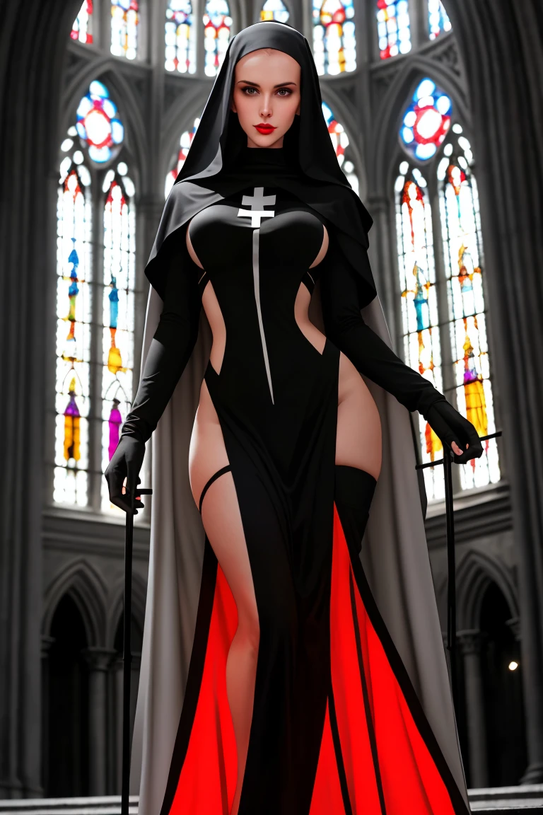 A warrior nun in black, white and red, tall and slender hourglass figure, large full and firm breasts, long slim and slender waist, large wide hips, large full and firm buttocks, thick thighs, makeup, glossy lips, large full lips, (natural lighting), inside Old World cathedral with stained glass windows