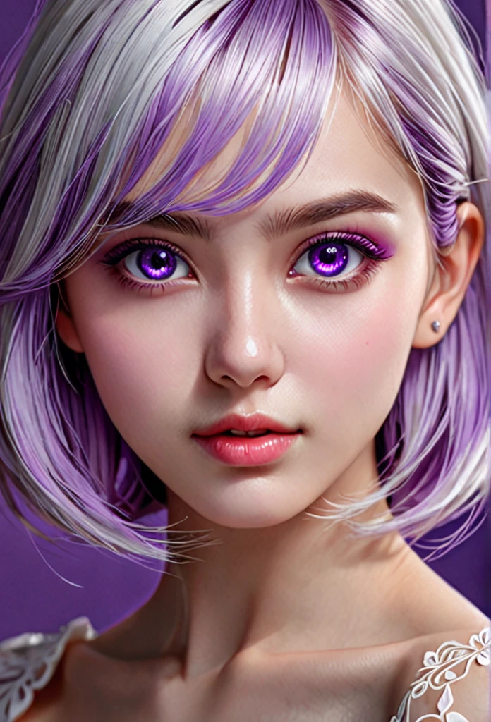  (hyperrealistic), (illustration), (high resolution), (8K), (extremely detailed), (best illustration), (beautiful detailed eyes), (best quality), (ultra-detailed), (masterpiece), (wallpaper), (photorealistic), (natural light), (detailed face), (high detailed realistic skin texture), (anatomically correct), (solo), (1 girl:1.52), (high detailed realistic hair), (white hair:1.35), (heterochromic eyes), (detailed eyes), (purple eyes:1.37), (sparkling eyes), (realistic huge breasts:1.53), (slender abs), (dynamic pose), (closed tiny mouth:1.3), (concentrated expression), (upon body from head to thigh:1.51), (dimple:1.34)