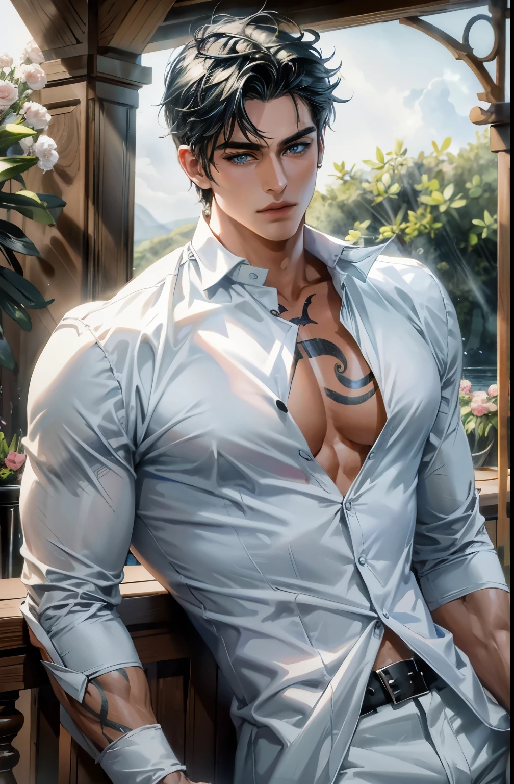 The magical gaze of a boy with short brown hair, Rainbow eyes , sparkling eyes ! just sparkles from the eyes - such a piercing look !! dark skin, Cute boy, boy with a beautiful face, Realistic anime style, the boy looks like a KPOP idol .A wet shirt reveals large nipples on his chest ! Mysterious magic surrounds him !