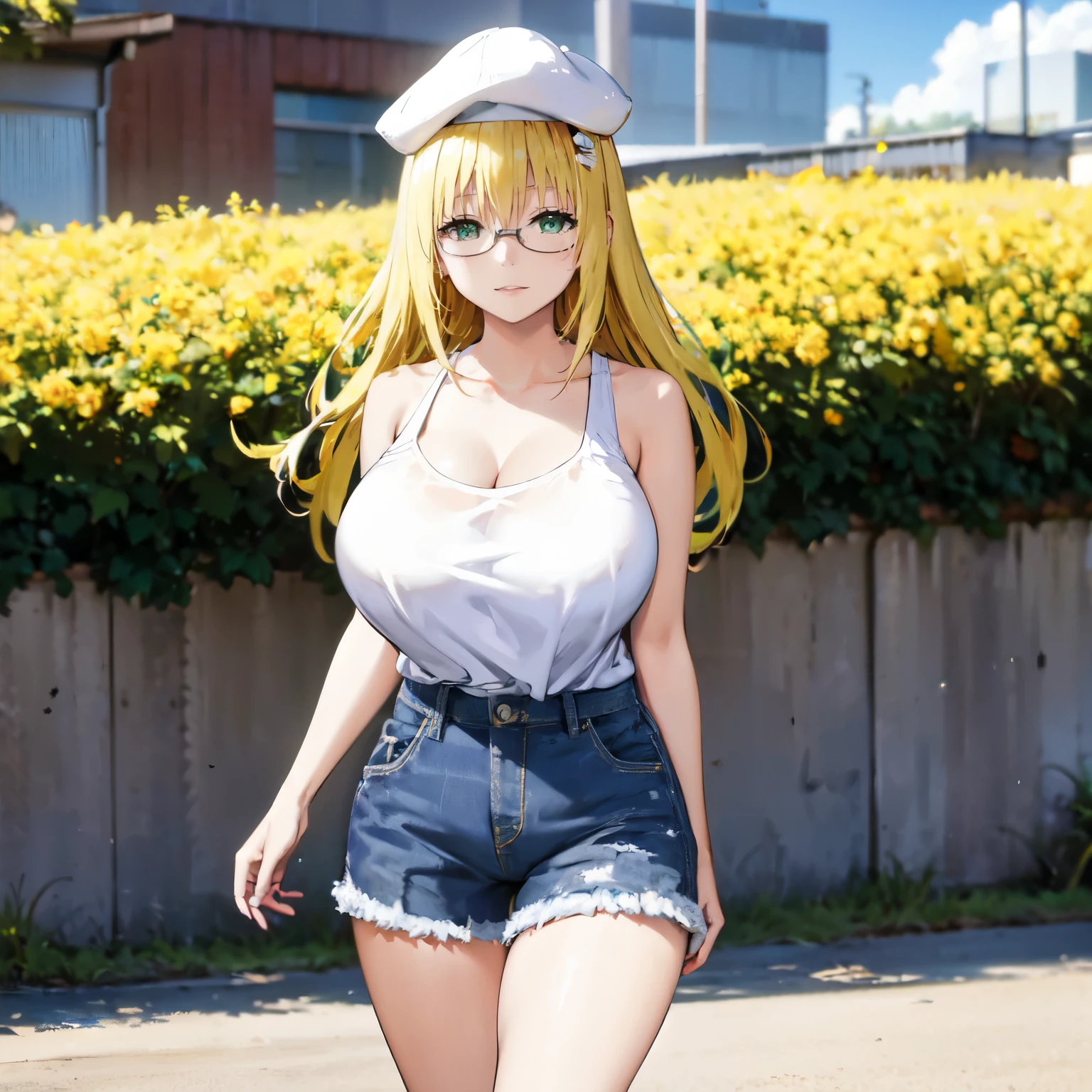 blonde hair, very huge tits, (( white tank top, short pants jeans)), ((glasses, hat))), thick, busty, flower hairclip, green eyes, long hair, upperbody, smile, legs, thigh, at beach, sky