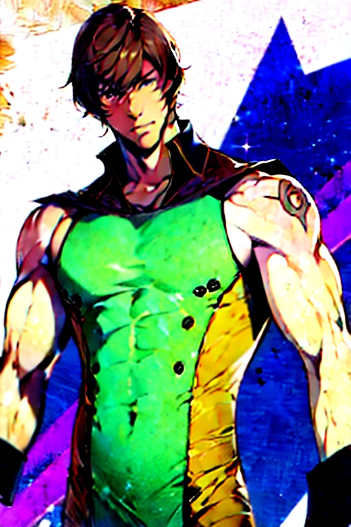 (best quality, masterpiece), 1boy, brown anime style hair, shirtless, looking at the viewer, upper body, araki hirohiko \(style\), standing pose., anime style.