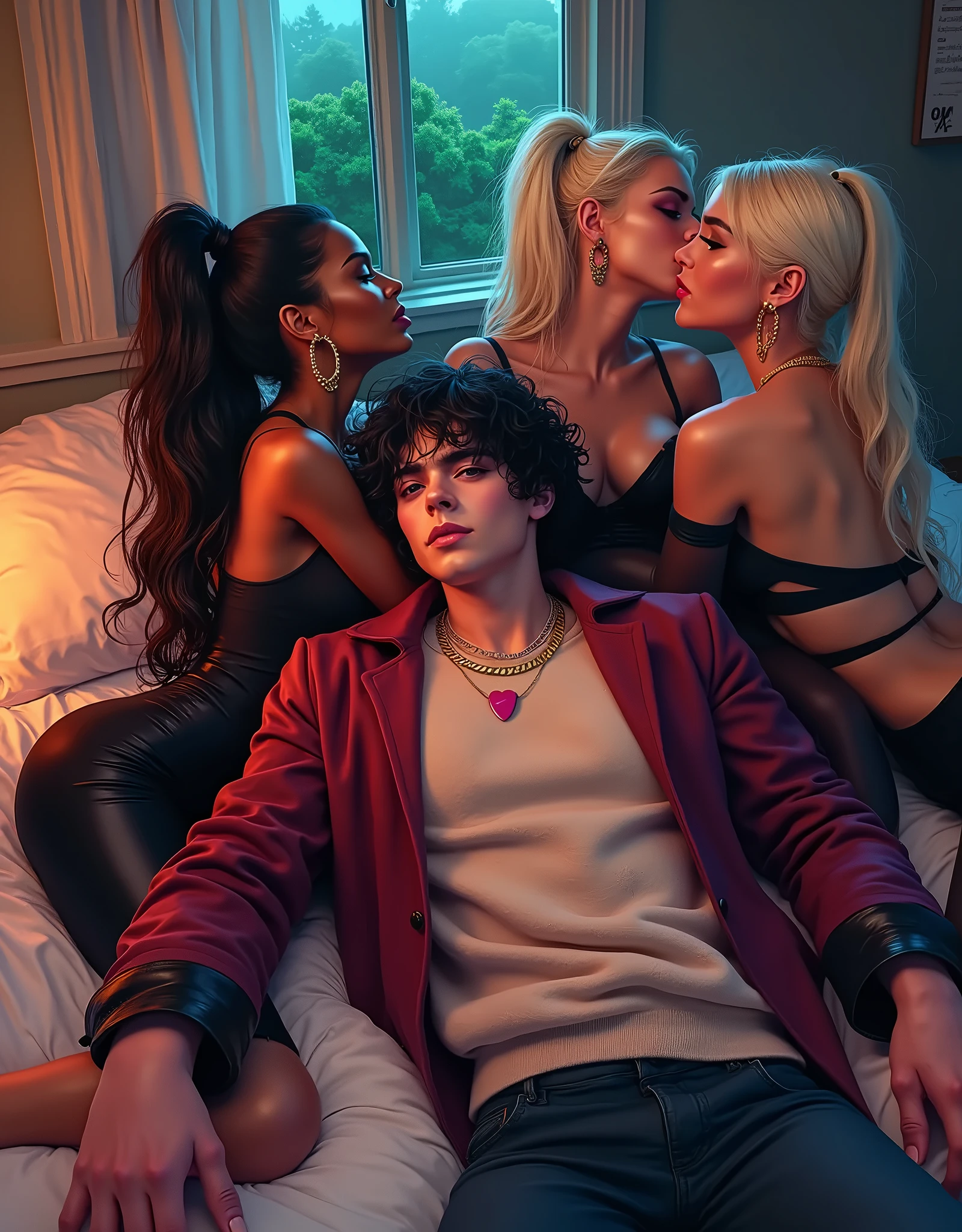 (A single black man laying on his back, in-bed wearing shorts, in-center of composition) A diverse group of five young adult Americans, representing different ethnicities and characteristics, wearing yoga-pants and tank-tops, displays their unique beauty with perfect bodies, large breasts, wide thicc-hips, Among them, there are blonde young adult girls with auburn hair, emanating an air of natural elegance. Brown young adult girls with silky locks and a captivating sheen show off their exotic beauty. Also present are black young adult girls with stunning curly hair, highlighting their authenticity and cultural pride, (the women surround a singular BLACK MAN with short-hair, from all sides) (in a bed) the women kiss the singular Black Man, touch the singular Black man, masterpiece, high details, high quality, best quality.