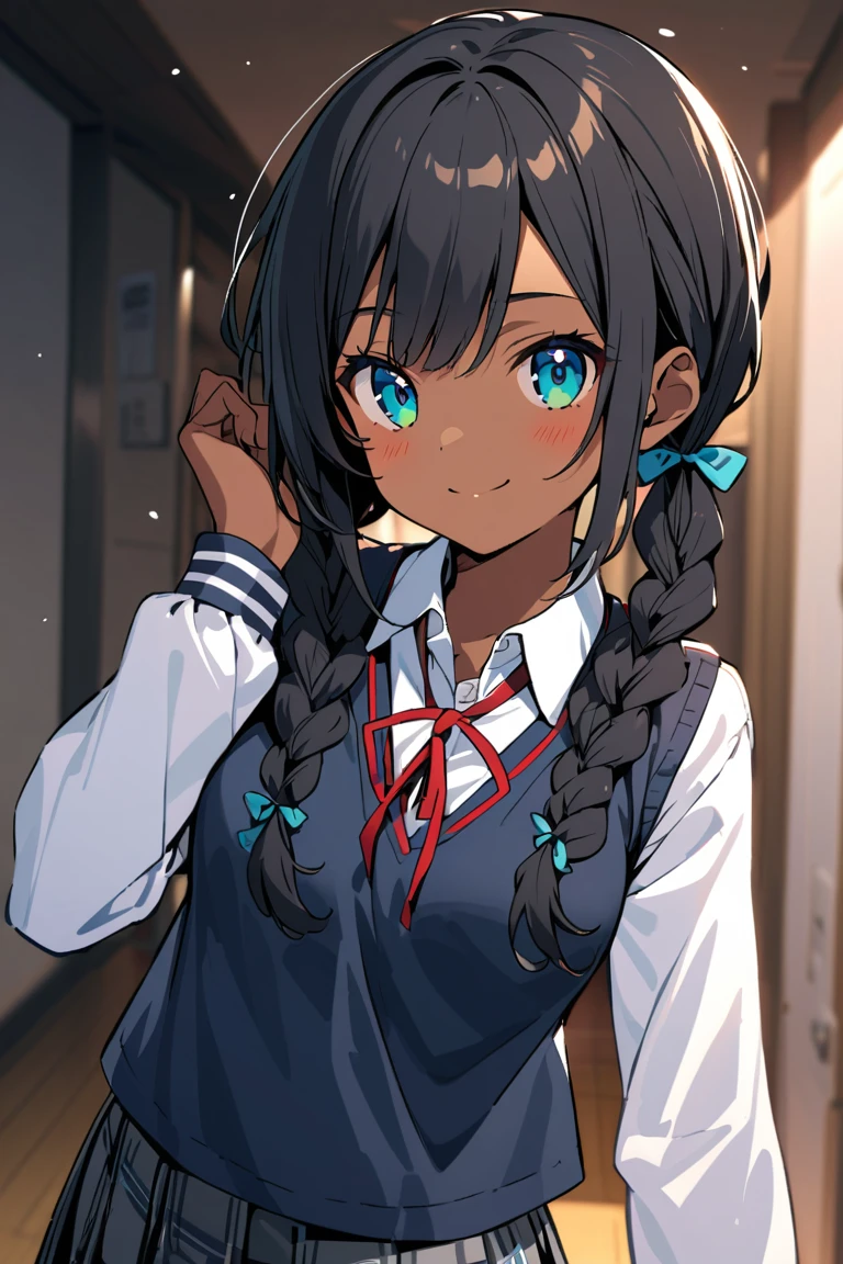 Black Hair , smile,   brown skin  ,  braid twin tails ,  Japanese High School Student  , Blue pupil , School Uniform