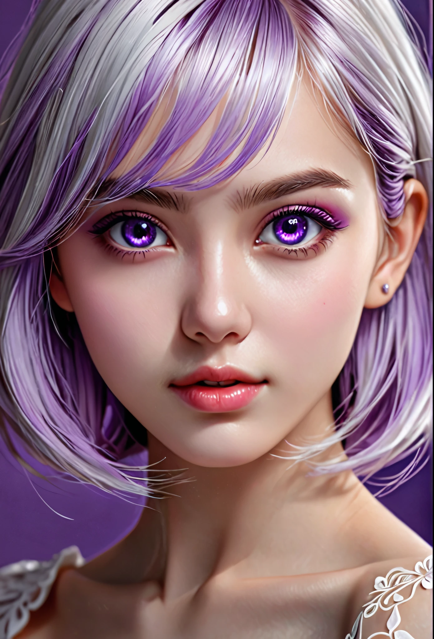  (hyperrealistic), (illustration), (high resolution), (8K), (extremely detailed), (best illustration), (beautiful detailed eyes), (best quality), (ultra-detailed), (masterpiece), (wallpaper), (photorealistic), (natural light), (detailed face), (high detailed realistic skin texture), (anatomically correct), (solo), (1 girl:1.52), (high detailed realistic hair), (white hair:1.35), (heterochromic eyes), (detailed eyes), (purple eyes:1.37), (sparkling eyes), (realistic huge breasts:1.53), (slender abs), (dynamic pose), (closed tiny mouth:1.3), (concentrated expression), (upon body from head to thigh:1.51), (dimple:1.34)