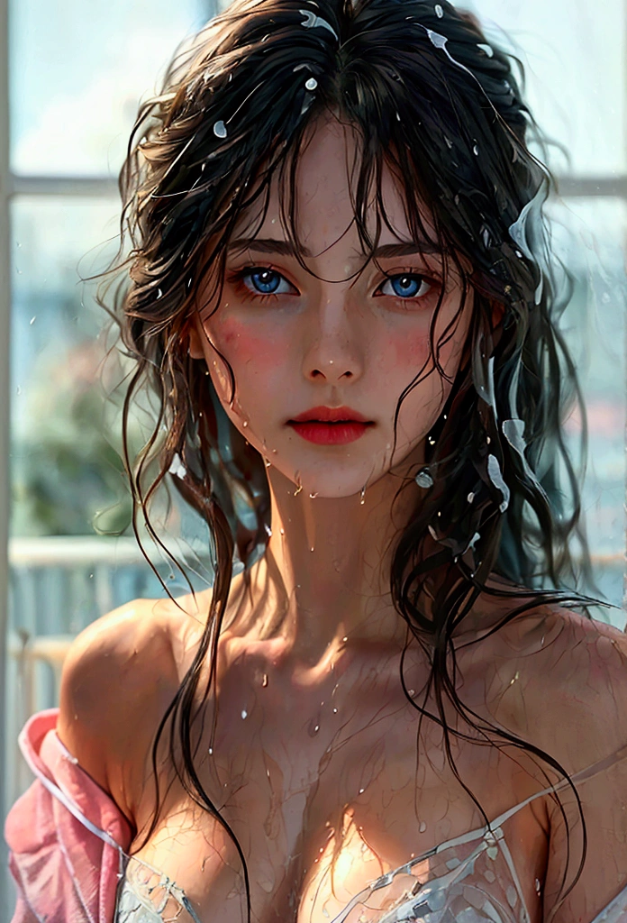 (Beautiful woman with wet hair after shower_Delicate eyes, nose, mouth), (Close-up angle_Enjoying leisurely time on a large terrace wearing a shower gown), The interior is quiet and peaceful with bright movie lighting. Top quality, high definition, detail, masterpiece, 8k,