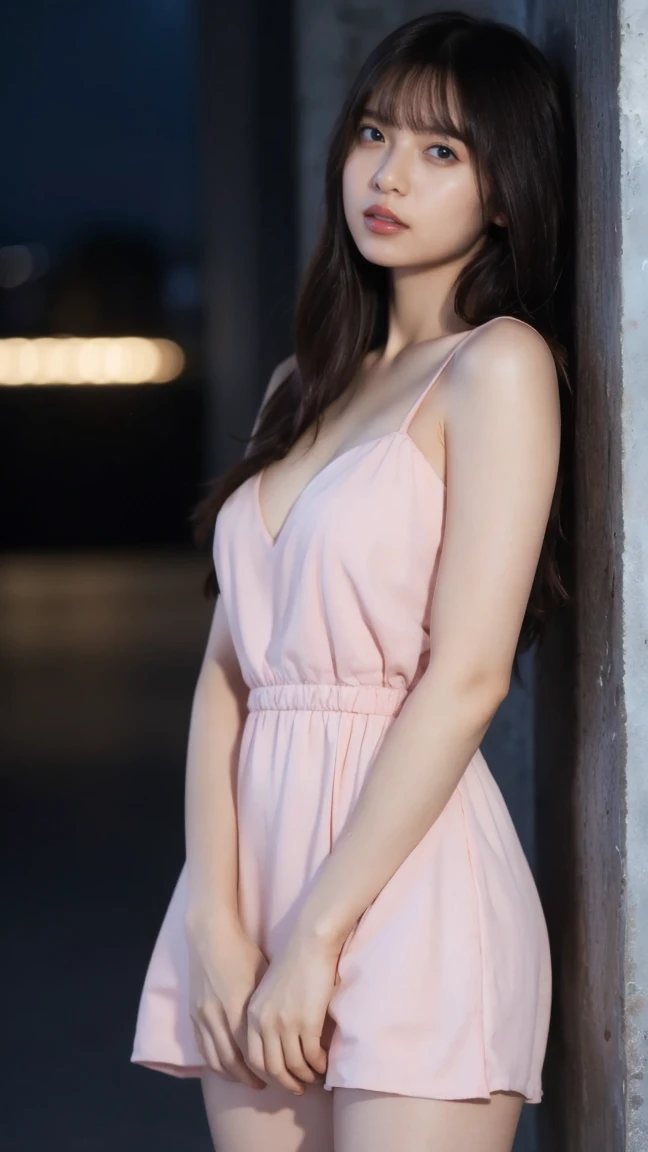 8k, masterpiece, RAW Photos, Highest quality, Realistic, extremely detailed CG unity 8k wallpaper, Depth of written boundary, Cinematic Light, Lens flare, Ray Tracing, (Very beautiful face, Beautiful Lips, Beautiful Eyes), Exquisitely detailed face, ((Highly detailed skin)) One girl, In the Dark, Deep Shadow, Cute Korean Girl, K-Pop Idols, 1 girl, (とてもslim slender fit-muscled body:1.3), ((View your viewers)),(Big smile:1.3), (Midnight, Dark Night, (Neon Signs), (Blurred Background), Dim Light), (No people in the background:1.3), Beautiful earrings, bracelet, necklace, pantyhose, Clear Eyes, walk , Front shot, (Pale skin), (Big eyes), Look forward, (Full Body Shot), (Brown Hair), Open belly button, (View your viewers:1.3), slim, Medium chest, (Camel Toe), Thick thighs, Turn back, (Gorgeous lace mini dress), ((Pink Dress)), (Tight dress), ((Turn back, Buckshot)), Ultra mini skirt:1.9,Wavy Hair:1.8. Hairstyles that expose the forehead:1.8,Blonde Hair:1.5,Small face 1.5,8 heads:1.5,Long eyelashes:1.8