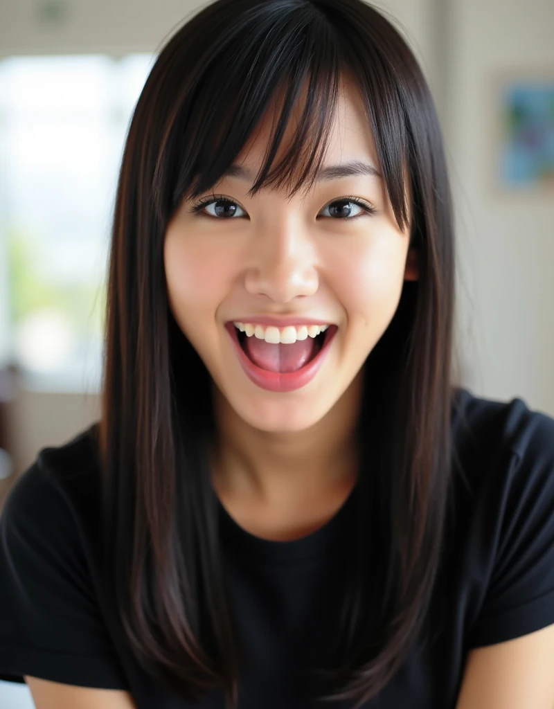 A masterpiece shot with a high-quality 35mm camera. A girl with her chin up and looking up, (Super close-up of face shot from directly above: 1.7), wearing a black T-shirt, ((Kole: 0.5)), ((Kajal: 0.5)), 20-year-old Asian girl, (mouth wide open and tongue out: 1.7), (Face filling the screen, nose in the center of the screen: 1.7), ahegao, nostrils, shining eyes, sparkling white teeth, blurred cleavage,