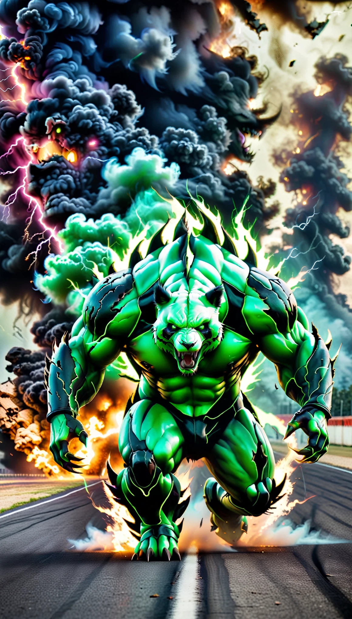 a monstrous hybrid creature, pastel green lamborghini, panda, giant muscular beast, enraged expression, fierce intimidating presence, striking traits, racing track-torn background, smoke, dust, nitro fires, lightning strikes, chaos, intensity, mysterious aura, dark smoke swirling, otherworldly