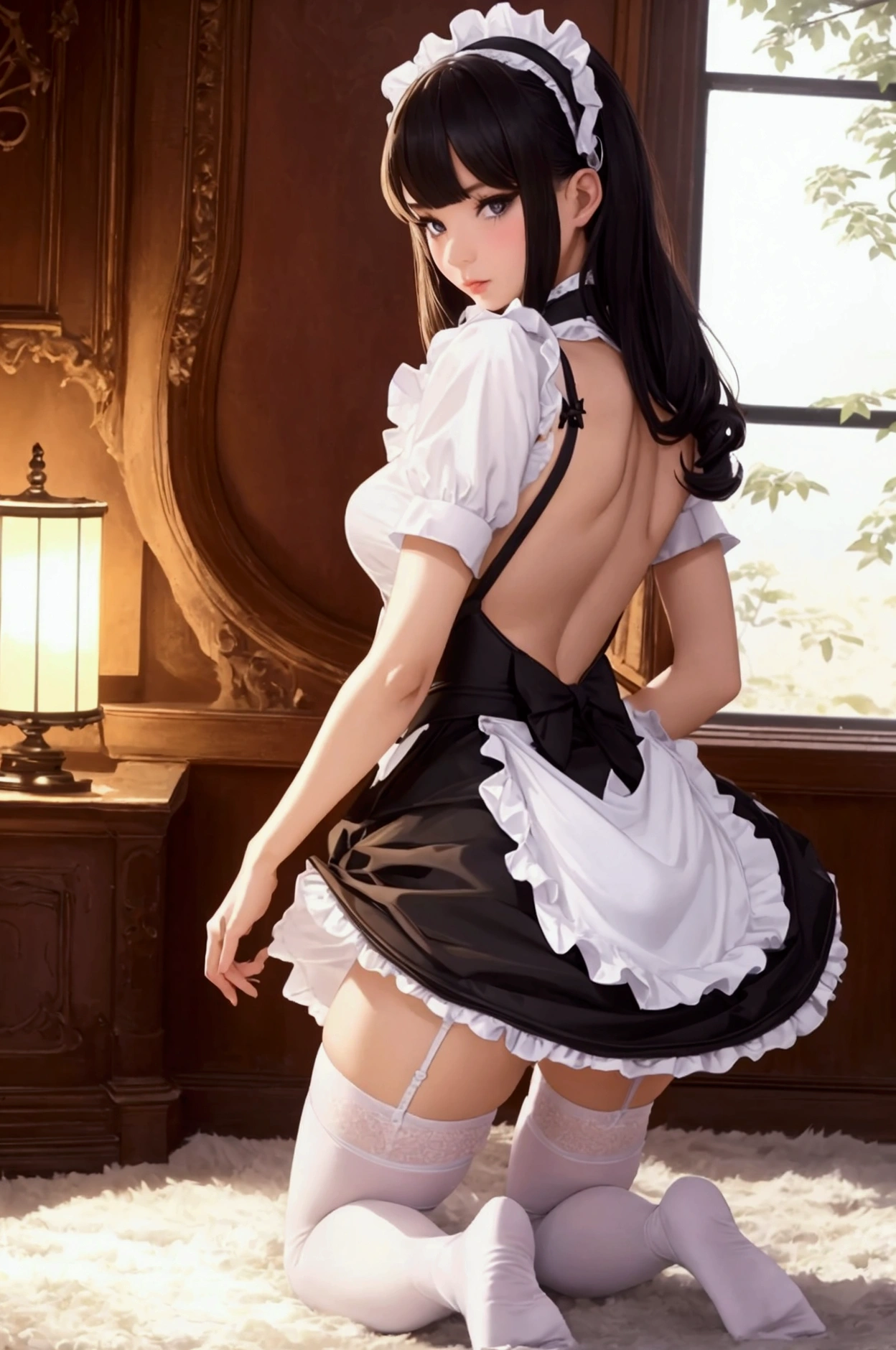 (Highest quality, Super detailed, High resolution, 8K images), See-through wet underwear, High exposure、 White garter belt, Ulzzang showing off her white panties、(Purelos Face_v1:0.7)((Detailed maid clothes in black and white:1.2), (large and impressive eyes, Long eyelashes), ,The skirt flips up and the underwear is visible, ,((Show me your)), ((Stick your butt out)),(Squat with legs apart), Fine and beautiful eyes,Perfect Proportions,(Overflowing big),(A full-body shot from behind), Very beautiful and cute girl,22 years old,(anime),Kamimei, Pitch black background,(Solid black background),alone,Wavy long hair
