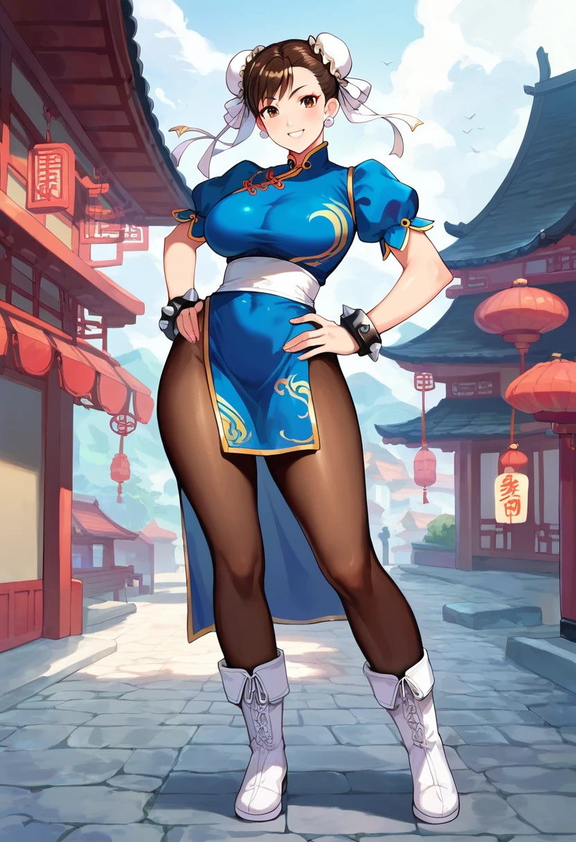 score_9, score_8_up, score_7_up, ((masterpiece,best qualtiy)), 
1girl, solo, CHUNLISF, double bun, bun cover, brown eyes, 
large breast, 
qipao, blue chinese dress, white sash, spiked bracelet, 
slit skirts, blue leotard in skirt, panty lines, brown tights, pantyhose, white long boots, white boots,
hands on hip, smile, 
china town, 
best quality, Full HD, 8k, ultra details, great graphic, detailed eyes, beautiful eyes, beautiful face, beautiful clothes, beautiful body, 