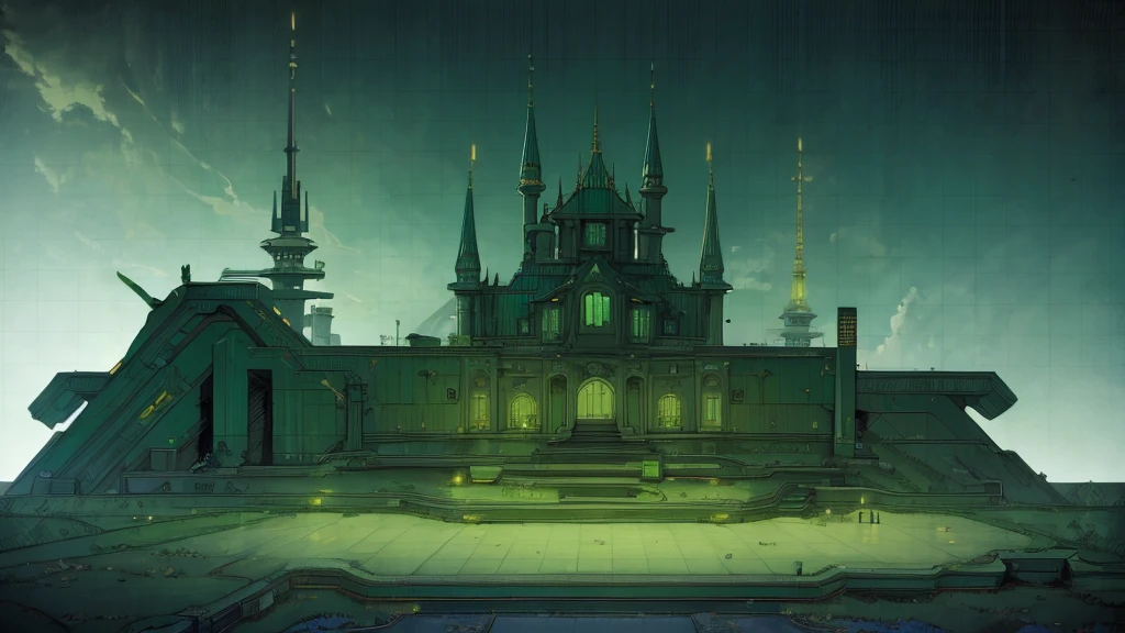 Make a lounge setting of a futuristic castle in green tones