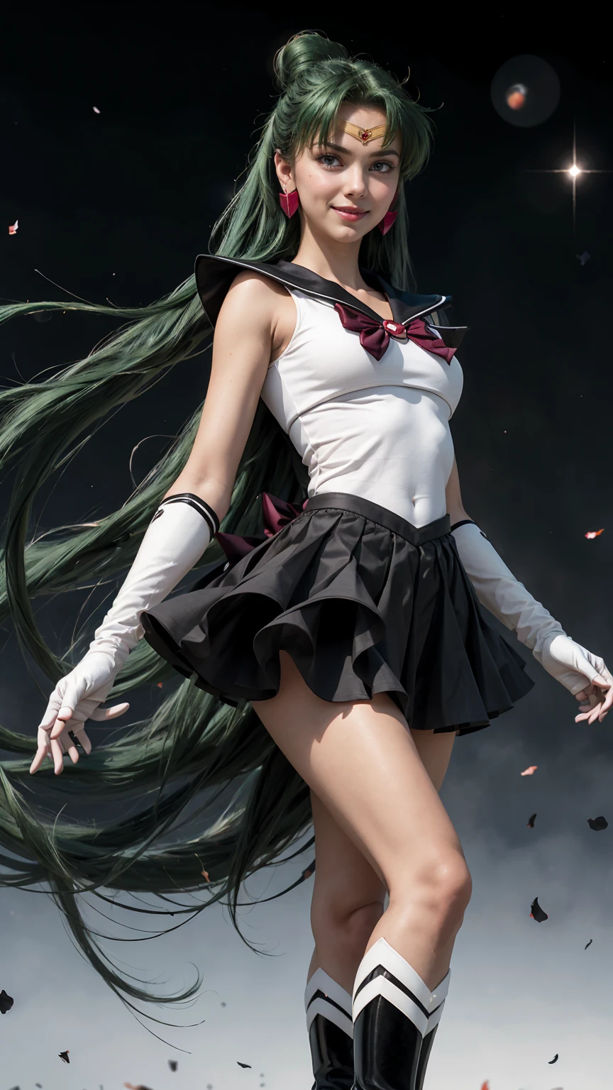 masterpiece, best quality, high resolution, 1 Girl, Solitary, Ponytail, Green Hair, (Elbow gloves), Headdress, Crimson bow, Tight top, (Black sailor collar), White gloves, earrings, Smile, Pure background, Clean background, White background, Black skirt, (Sailor Pluto), (Sailor Pluto), permanent, walk, Back, front, Looking at the camera, Dynamic poses. Leng Jun, White top, Elbow gloves, Black boots, walk on the floor