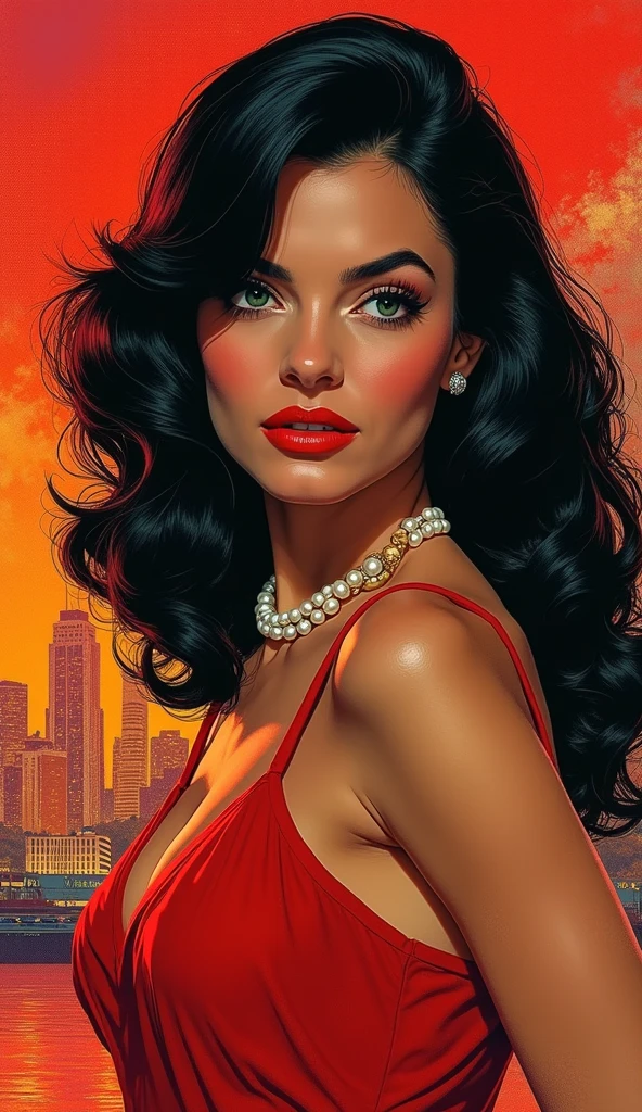 High-quality realistic acrylic art, vivid colors, a beautiful vintage european woman with long black straight hair, bangs, looking at the viewer with suspicious face and a shy smile, red lips, wearing red slingshot swimsuit , big city background