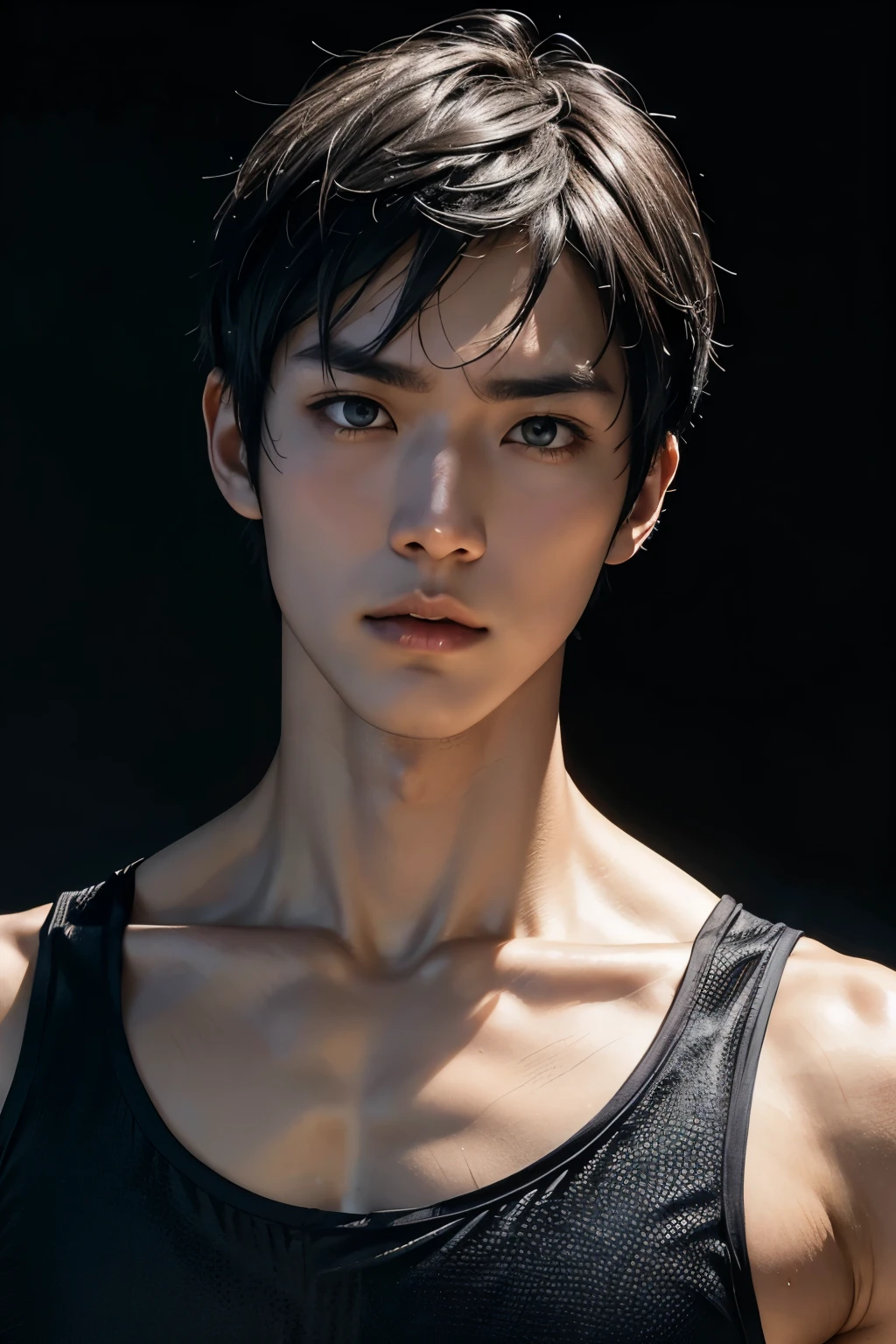 Japanese handsome Short cut Black Hair male Slim figure Fearless Sportsman bright wrestling singlet No Background The overall screen is bright male Slim figure bright light Light background Close-up of face white monotone tight singlet with trim above collarbone Close-up of face Face of worry More faces up Face of worry