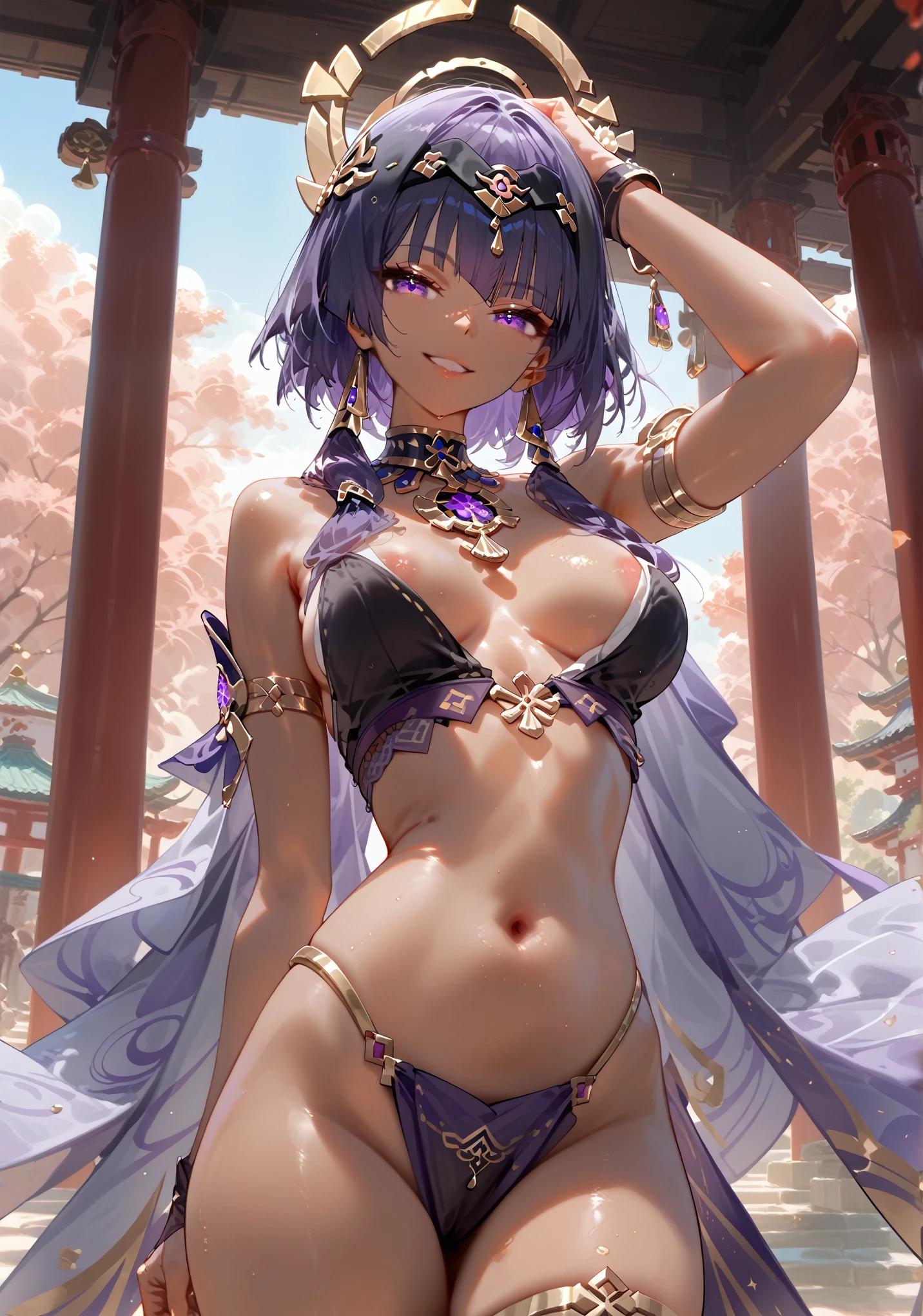 masterpiece, 8k, high resolution, shrine, semi-realistic, 1 girl, portrait 3:4, (high detailed face), dancing, smile, looking at viewer, dynamic, medium breasts, sexy, perfect body, perfect legs, Candace (genshin_impact), genshin_impact, puffy breasts, hot,