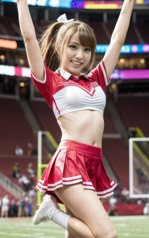 A high school cheerleader is performing a routine at a football game.. 、She's wearing a bright colorful uniform with a pleated skirt、long ponytail bounces as she jumps and twirls. The stadium is filled with excited fans, and the cheerleading squad is performing a synchronized routine. Focus on capturing the energy and excitement of the moment. out of your belly button、8K Octane, Cinematography,  portrait photo,  Hi-Res,  textured skin,  very detailed,  high definition model, 最 high quality, Damaged,  anatomically correct, masterpiece,  movie light effect that won't light up,  red cheerleader uniform、Beauty and youth at 26、Lots of lashes、 eyeliner 、sato kaede 、最 high quality,  high detail ,  high quality, NIKON,  underbust、Chest that sticks out underneath、Focus、 Focus: 35mm, (((Clear photos、Ultra 8k、 Hi-Res、highest masterpiece、)))、(Panty shot)、A model with a sense of dynamism、Popular idol groups、Underbust Emphasis、Her skirt is flipped up、skirt lift、 cleavage 、 twin tails